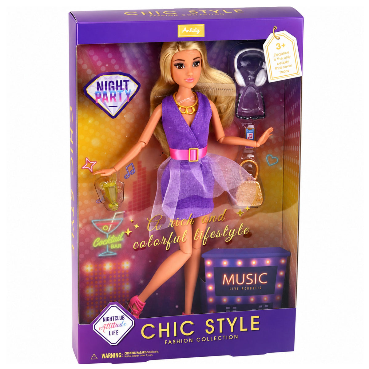 Anlily Fashion Doll In Purple Dress Hovedtelefoner Tilbehør Sæt