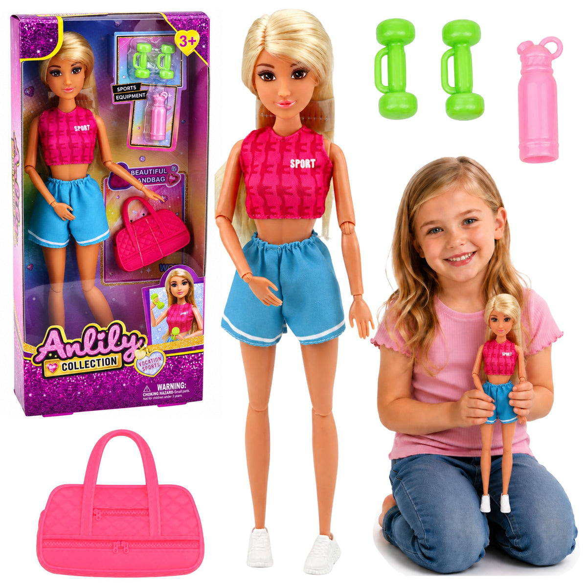 Set di accessori per borsa per bottiglia d'acqua con manubri per bambola Anlily in abito sportivo