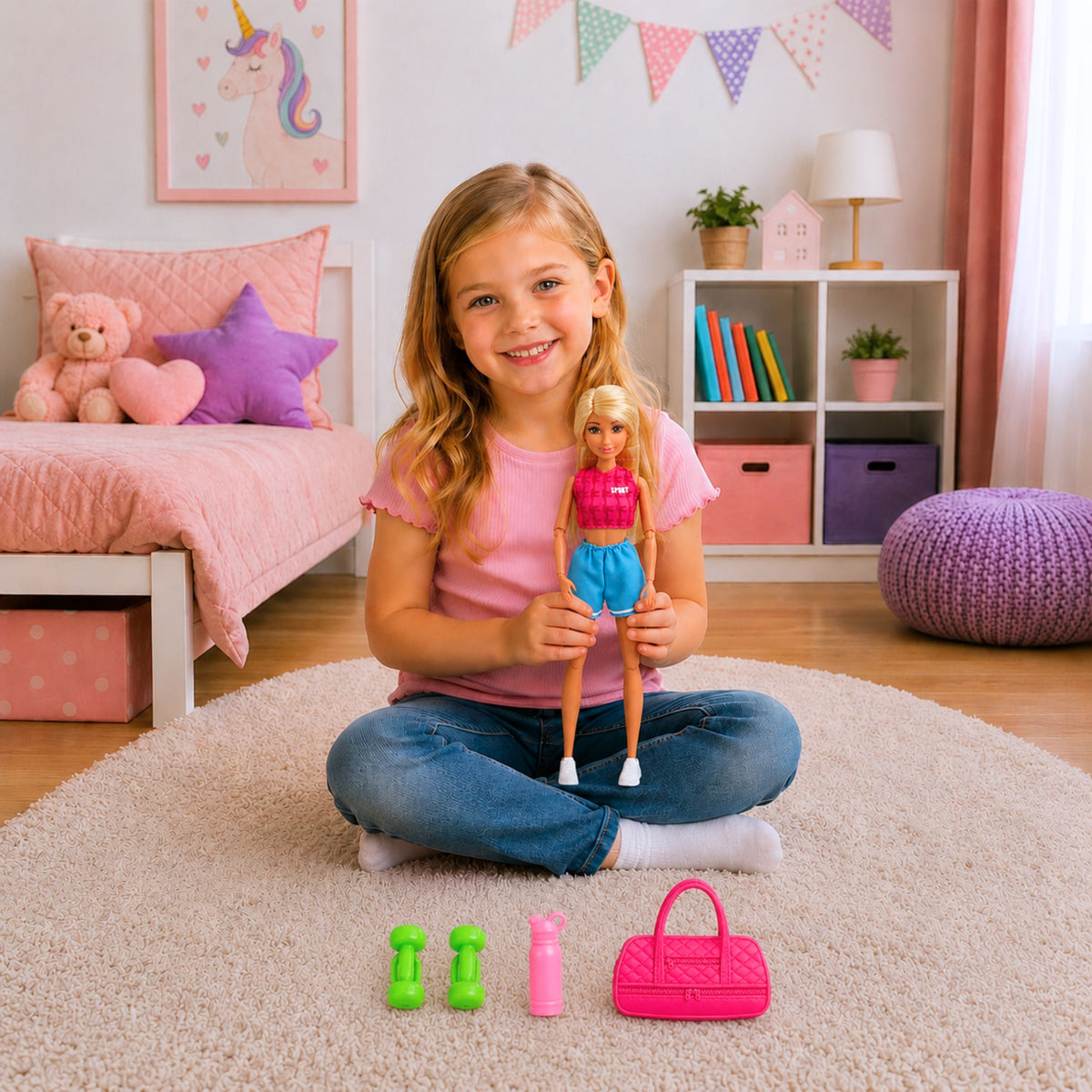 Set di accessori per borsa per bottiglia d'acqua con manubri per bambola Anlily in abito sportivo