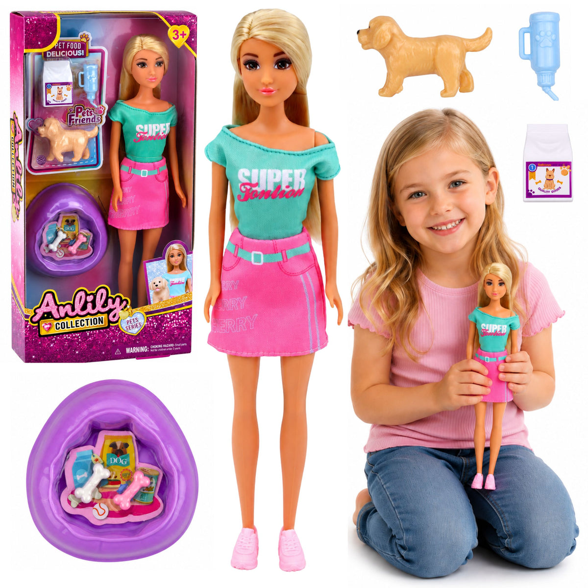 Anlily Doll With Pet Dog Puppy Accessories Bed Set