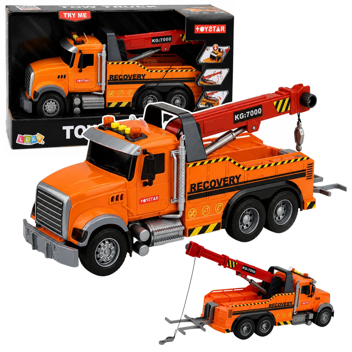 Truck With Crane Roadside Assistance Hook Lights Sounds Orange 1:18