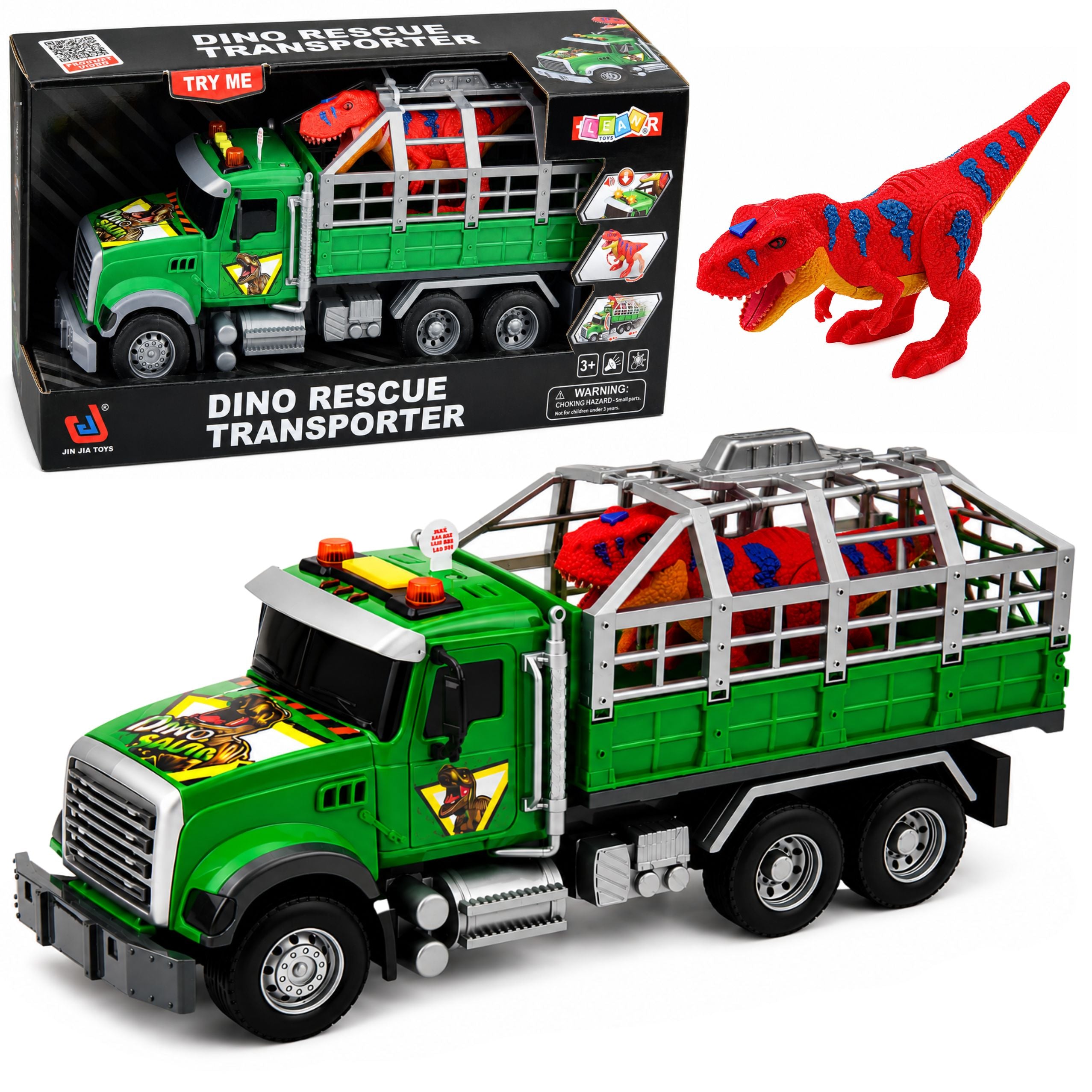 Transporter Truck With Cage T-rex Dinosaur Figure Lights And Sounds 1:12