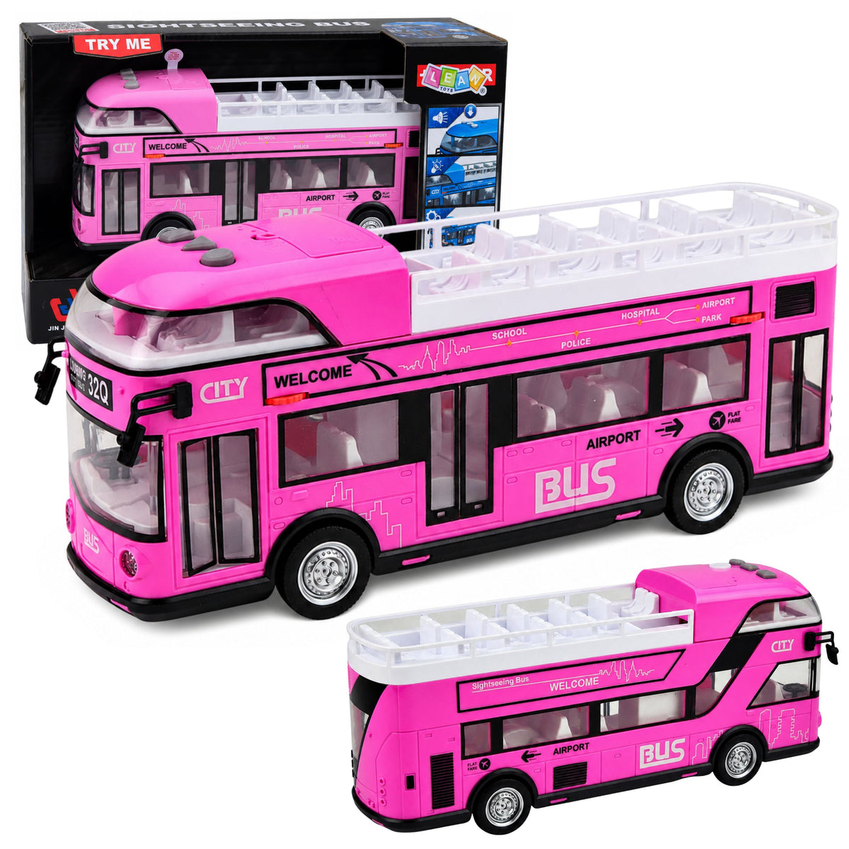 Double-decker City Bus Opening Doors Lights Sounds Pink