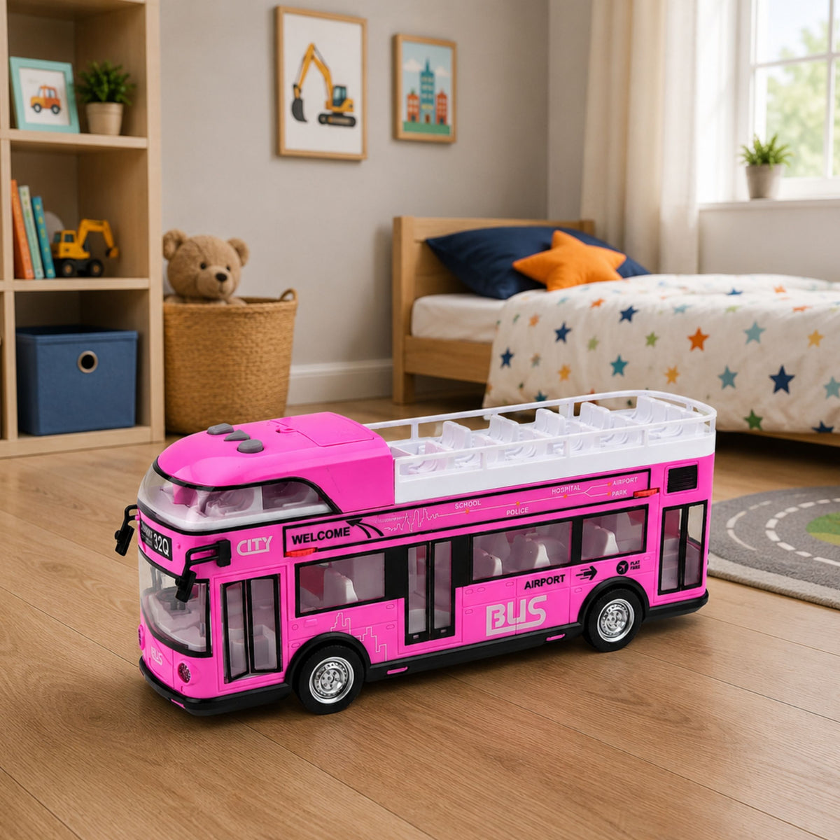 Double-decker City Bus Opening Doors Lights Sounds Pink
