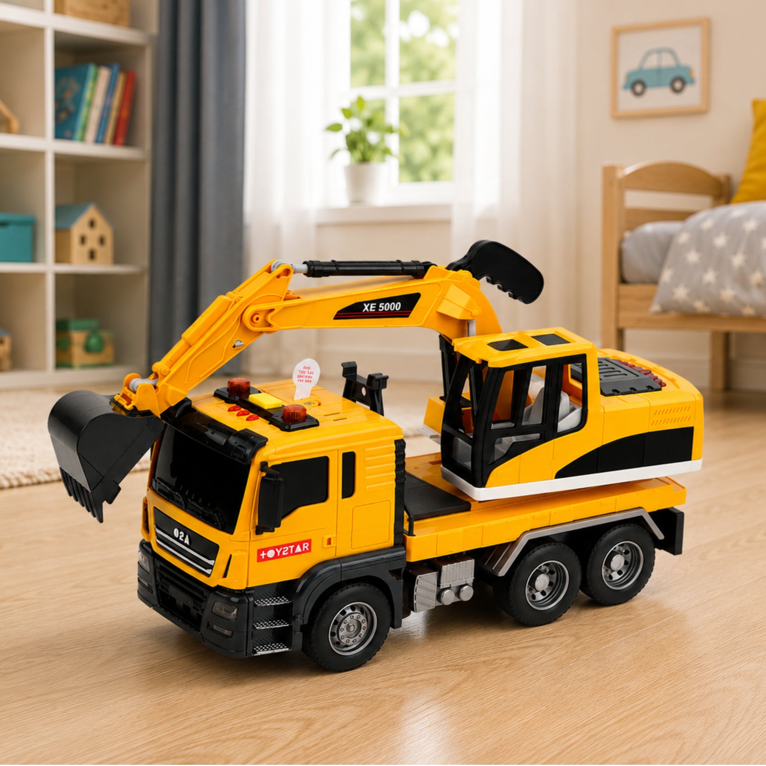 Truck With Excavator Movable Bucket Lights Sounds Drive Yellow 1:14