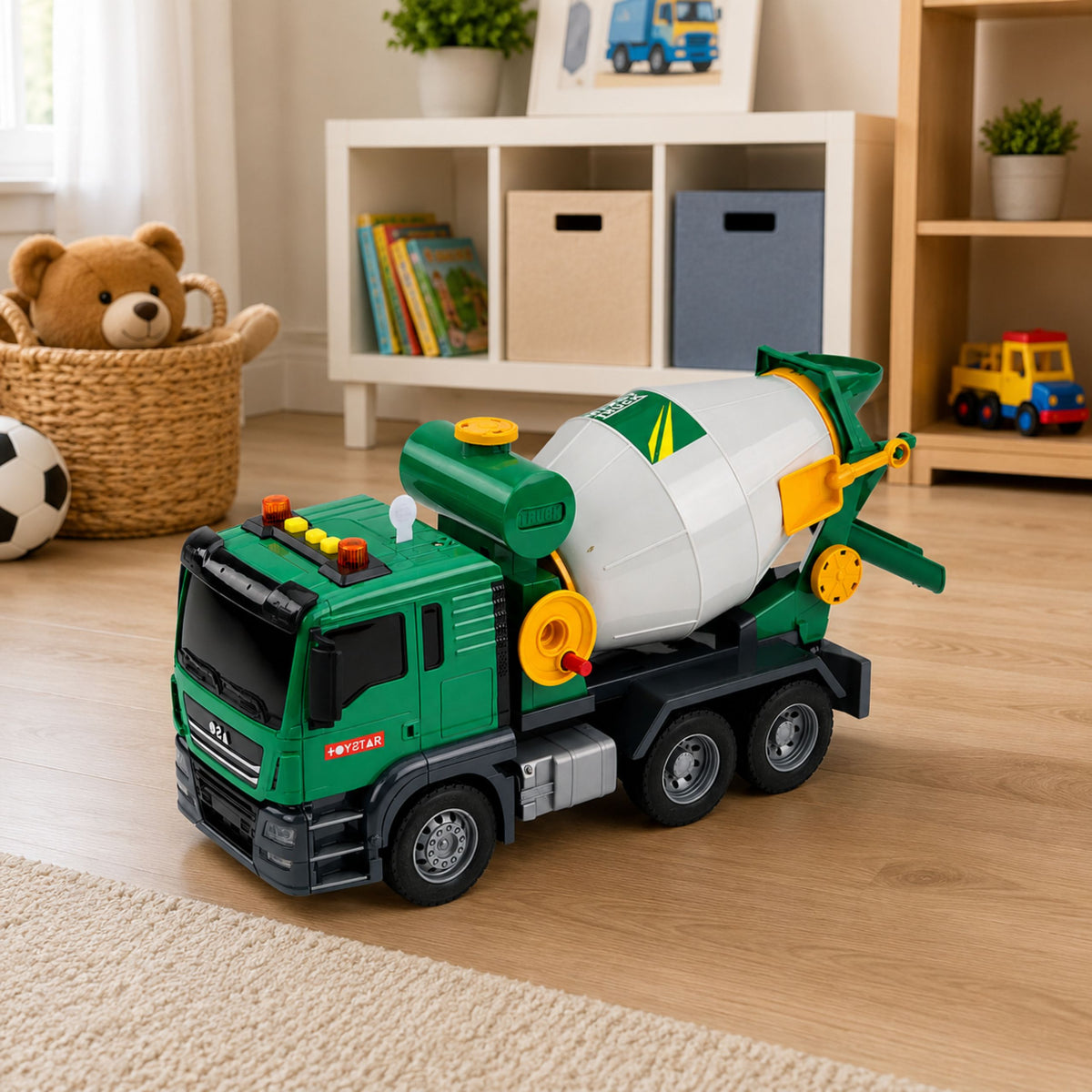 Concrete Mixer Truck With Rotating Drum Lights Sounds Green