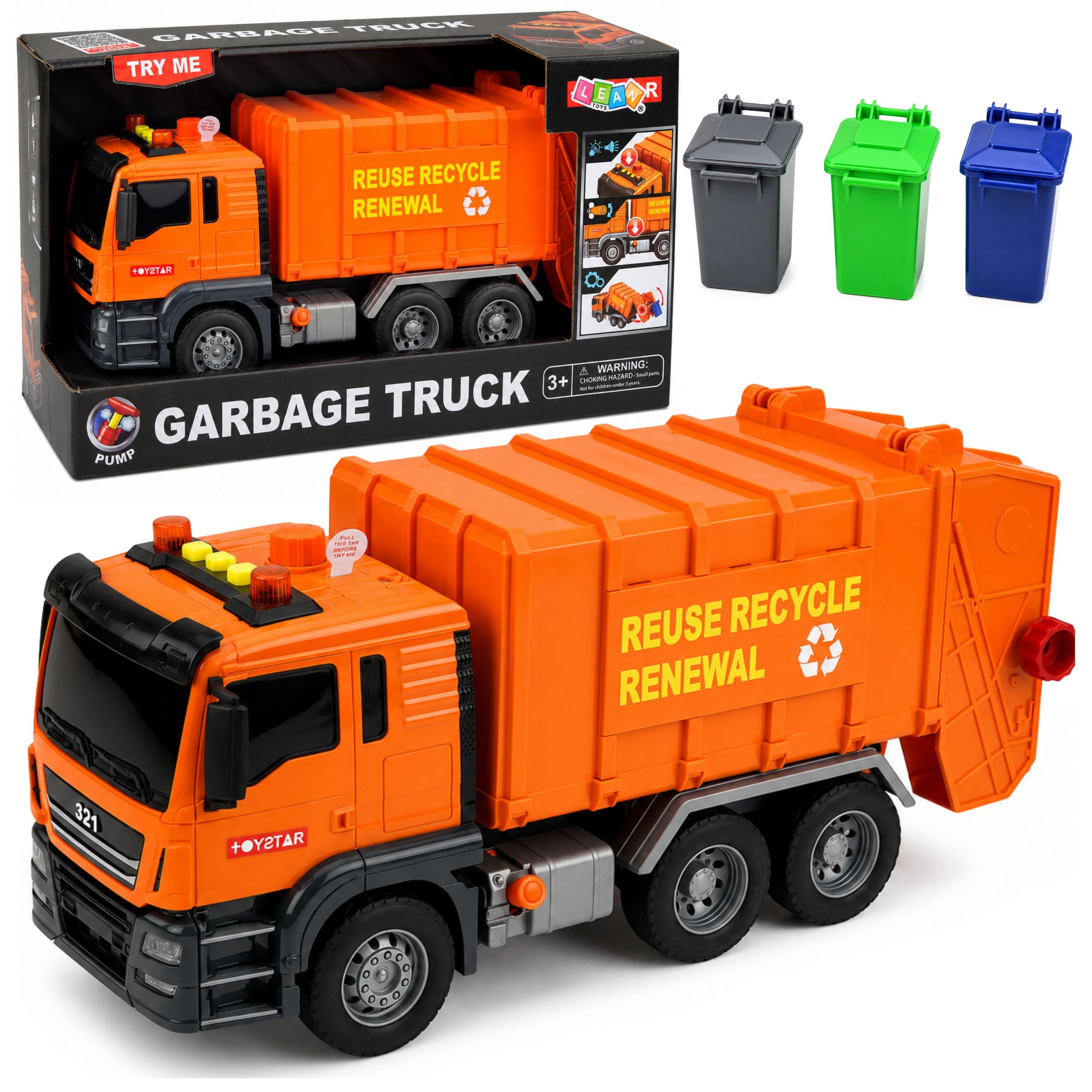 Garbage Truck Garbage Cans Lights Sounds Orange