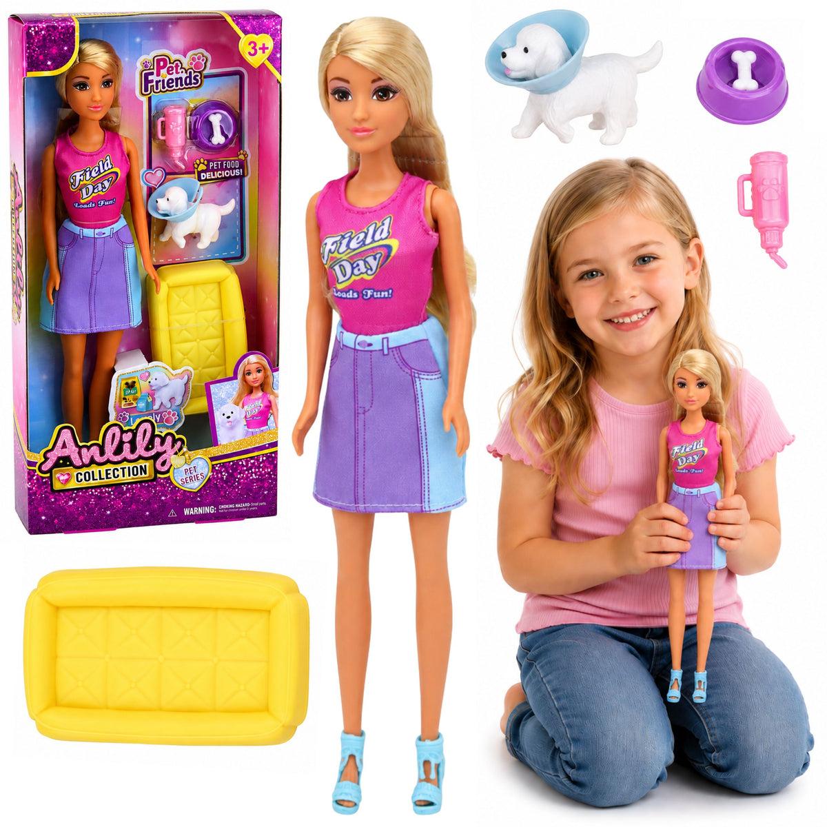 Anlily Doll With A White Dog In A Collar Bed And Accessories Set
