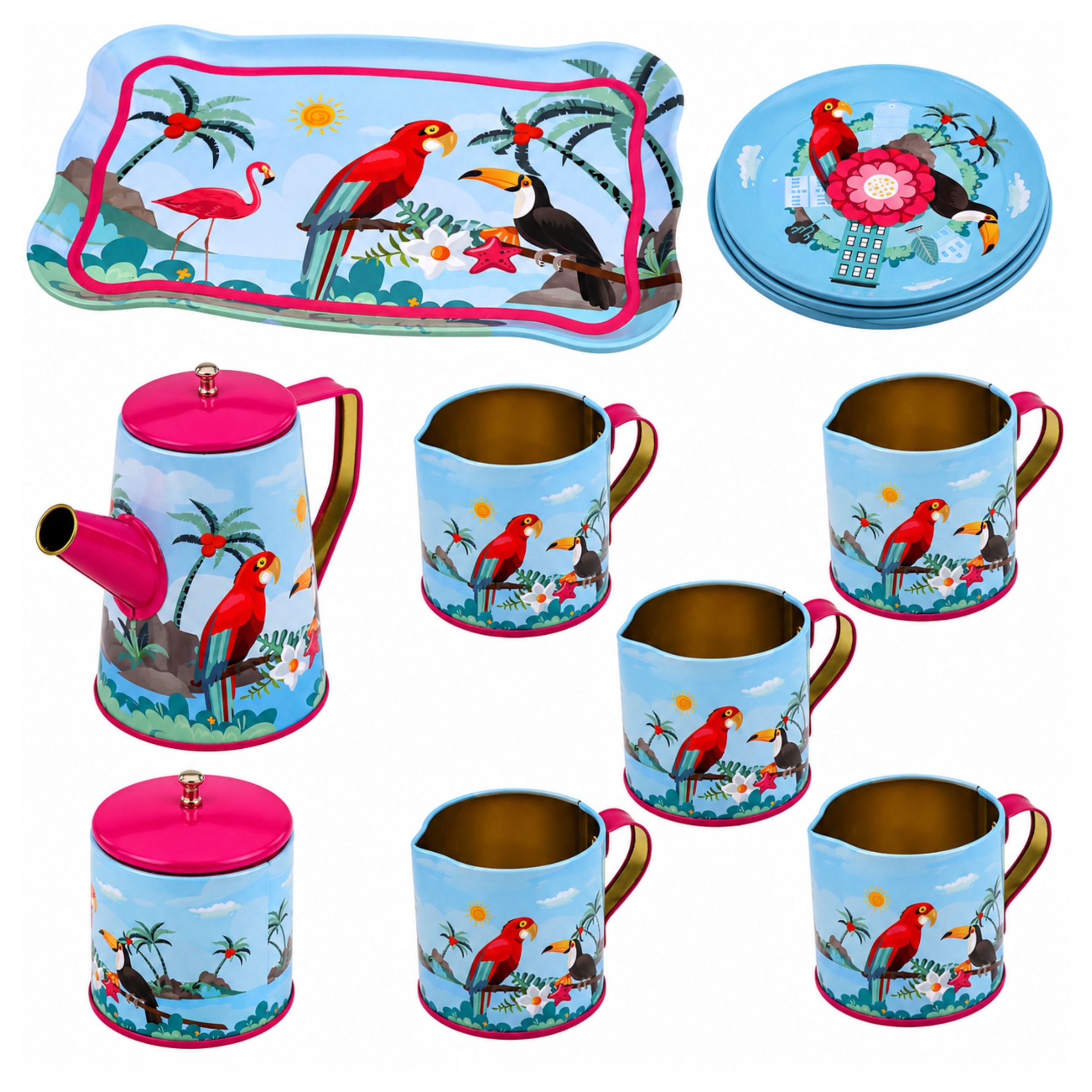 Tea Set With Parrots Metal Exotic Pattern 12 Pcs.