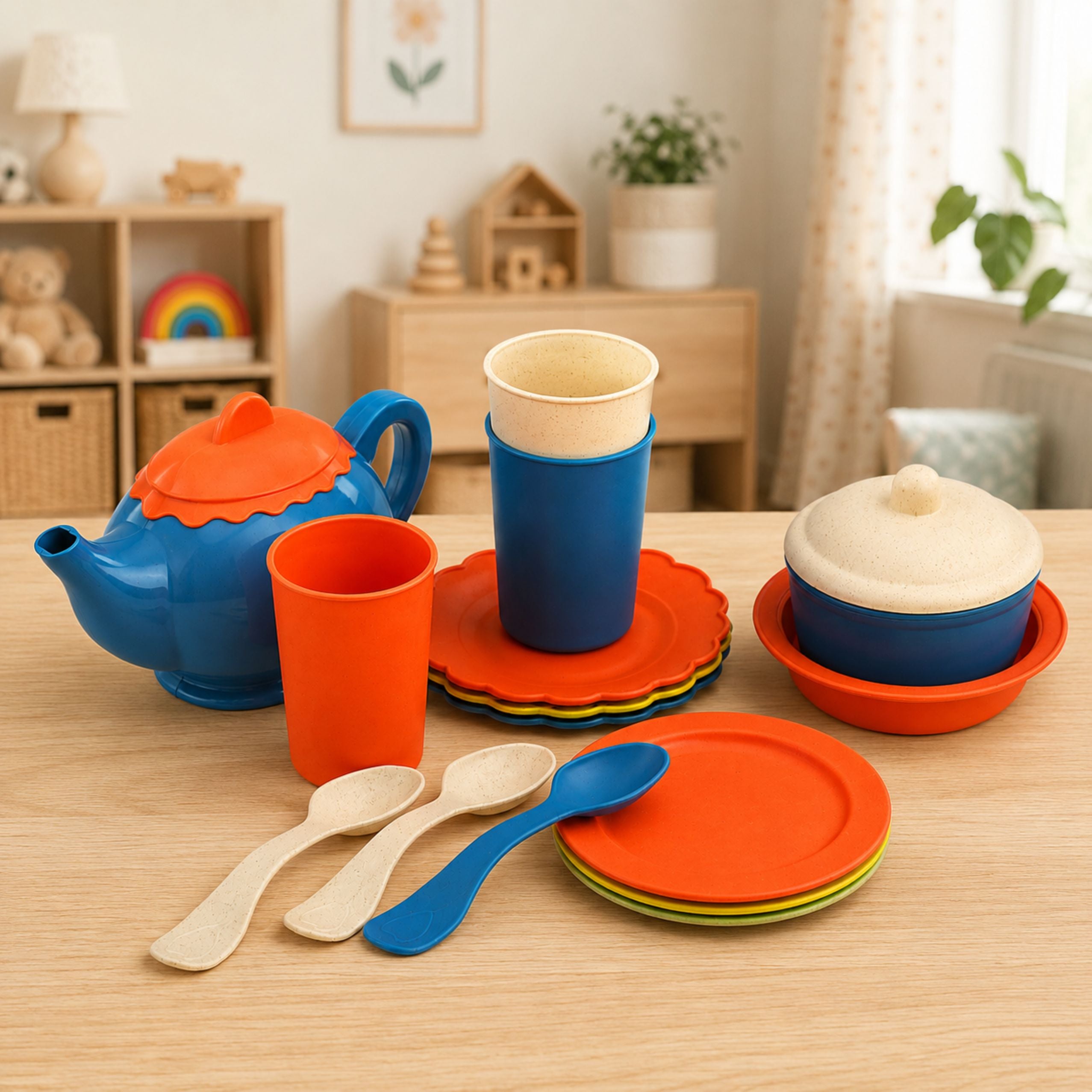 Children's Bamboo Fiber Tableware Set Blue And Orange 15 Pcs.