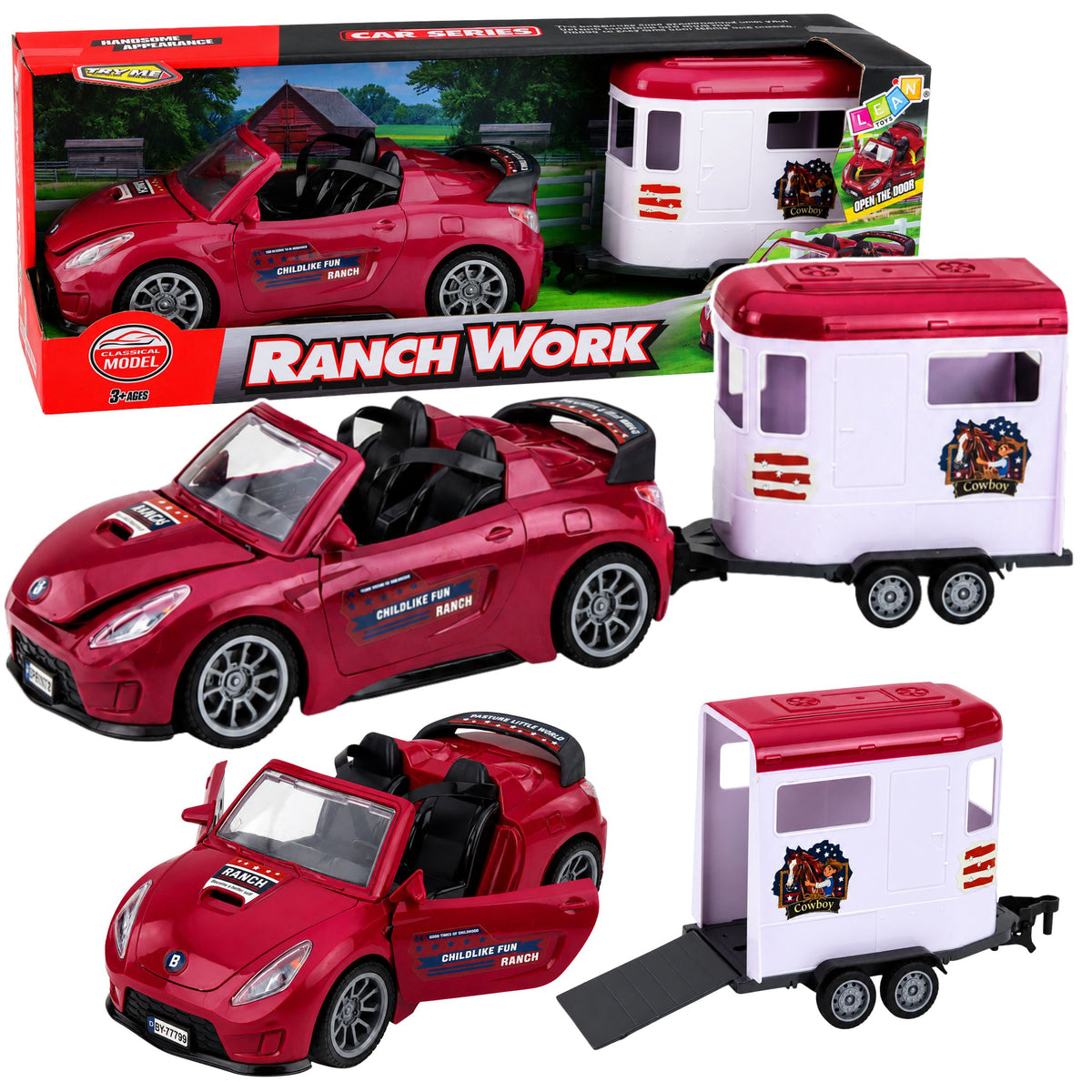 Burgundy Convertible Car With Horse Trailer Opening Doors Set
