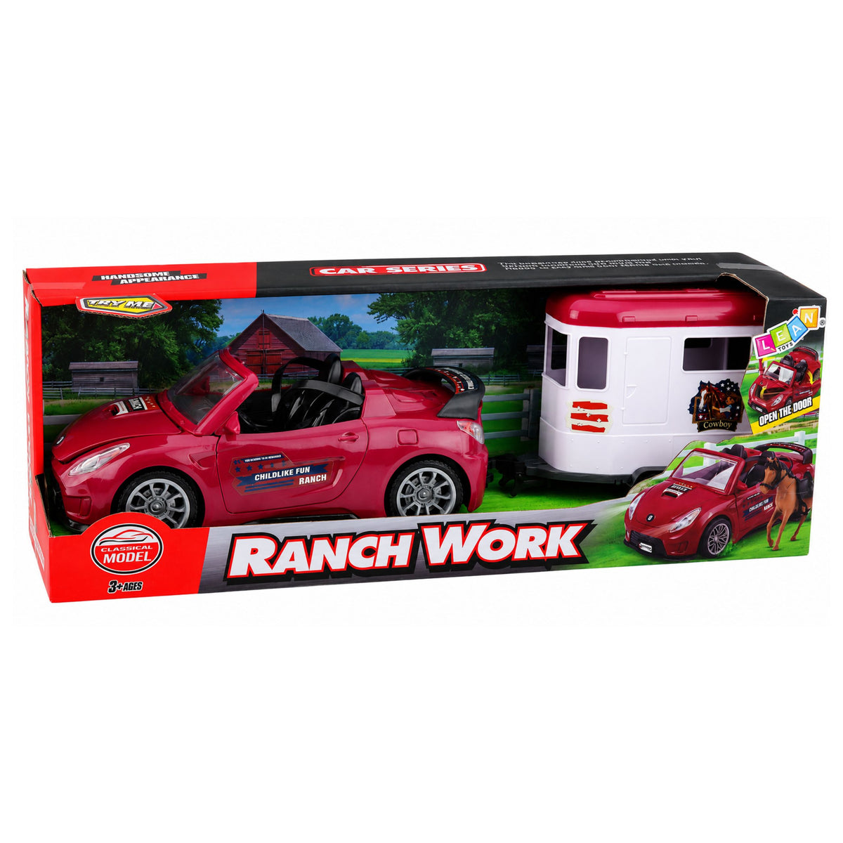 Burgundy Convertible Car With Horse Trailer Opening Doors Set