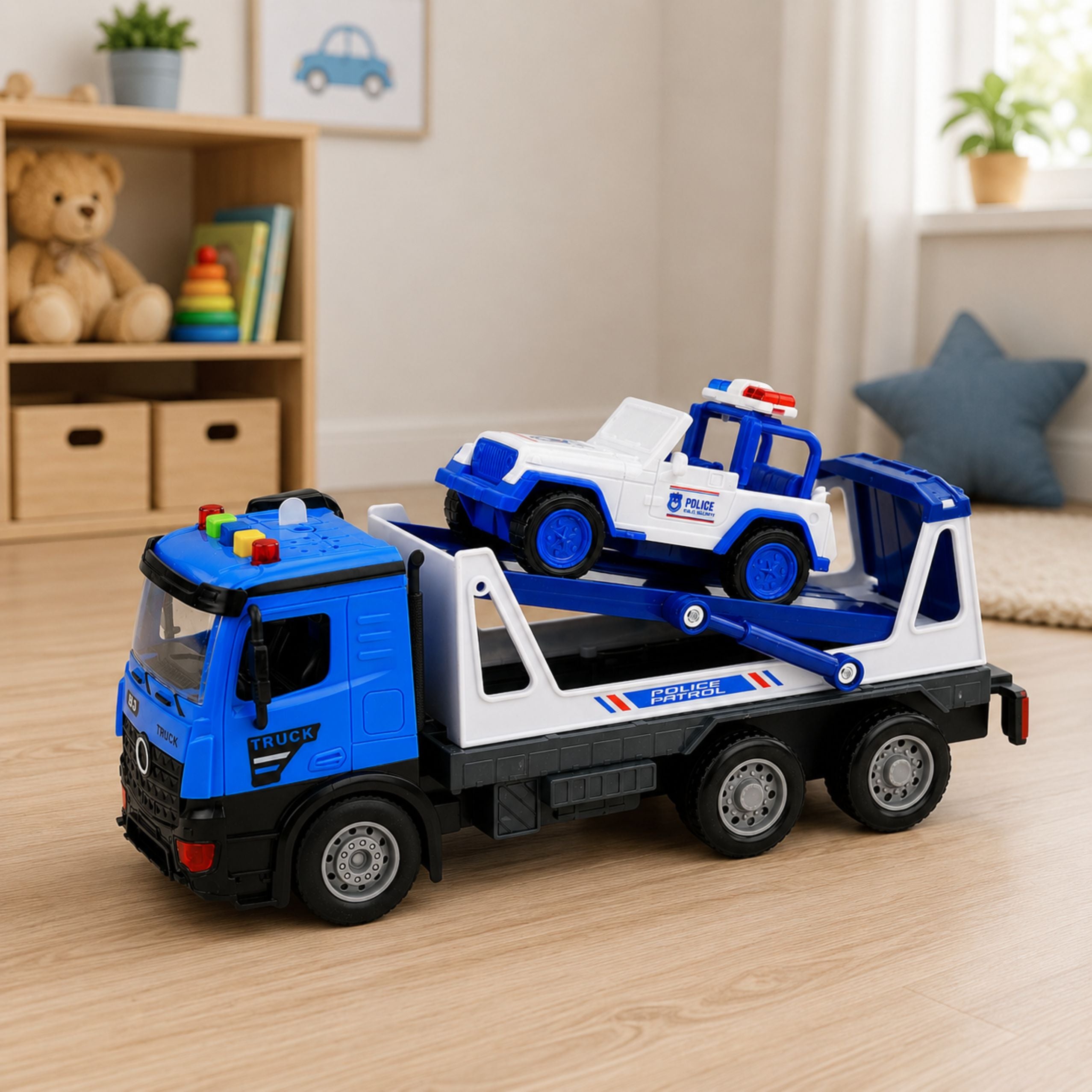 Police Tow Truck With Patrol Car Vehicle Set Lights Sounds Blue