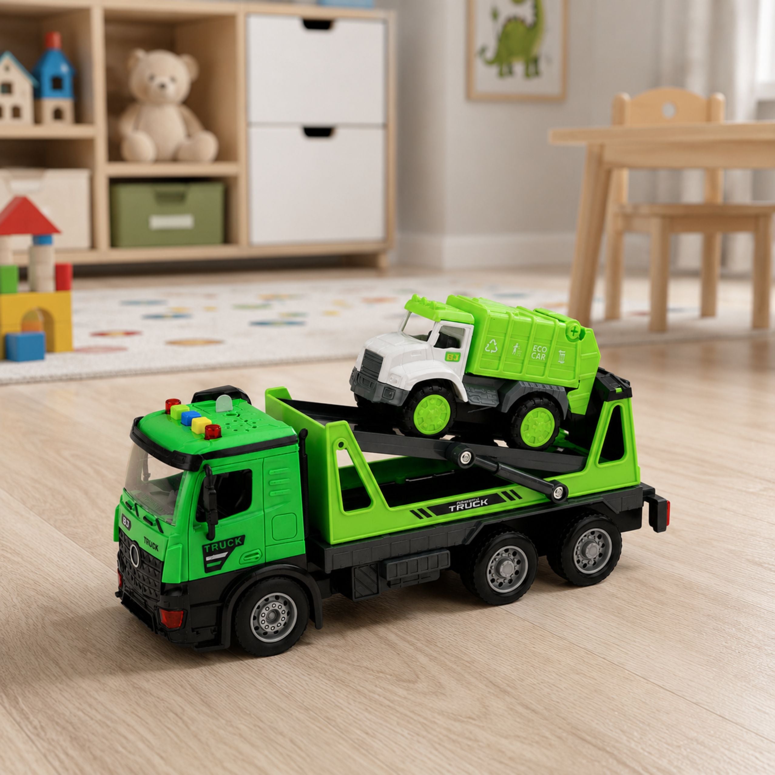 Tow Truck Garbage Truck Vehicle Set Lights Sounds Green