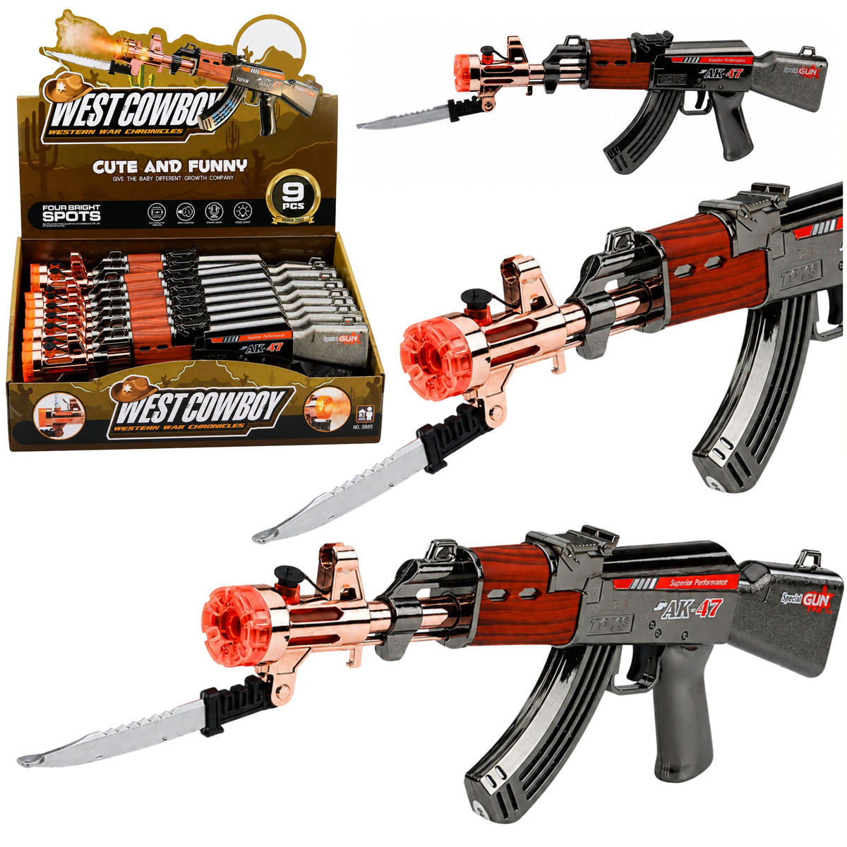Ak47 Rifle Battery Operated Weapon Prop Knife Smoke Effect Lights Sounds