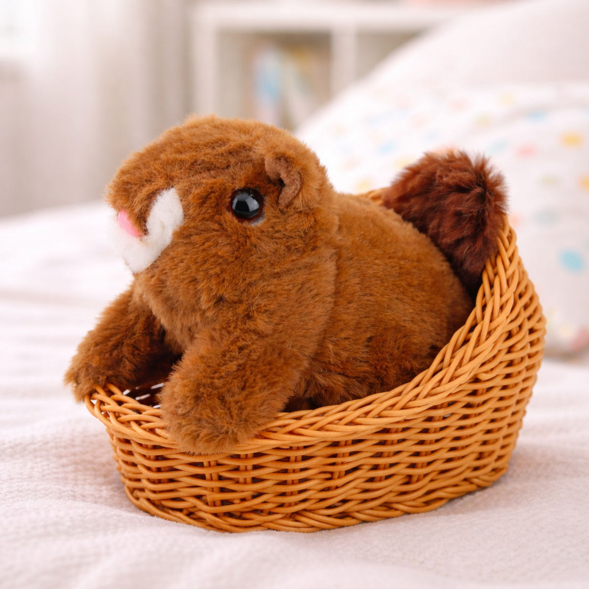 Plush Interactive Squirrel In A Basket Walks And Makes Sounds Brown