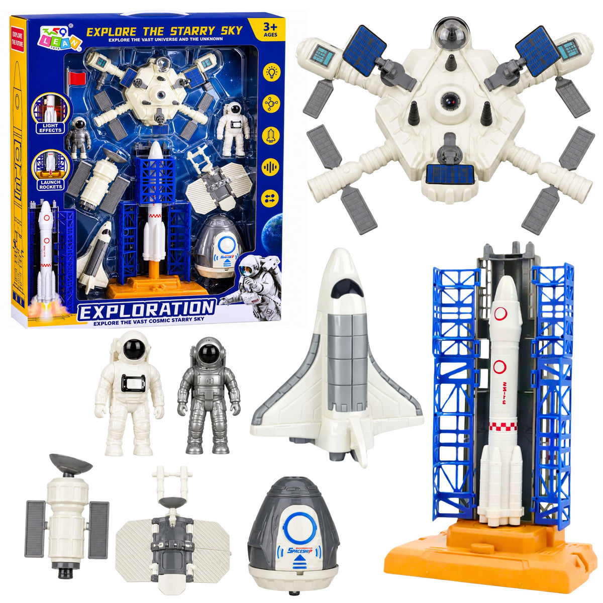 Raumstation-Raketen-Shuttle-Satelliten-Kosmonauten-Lichter