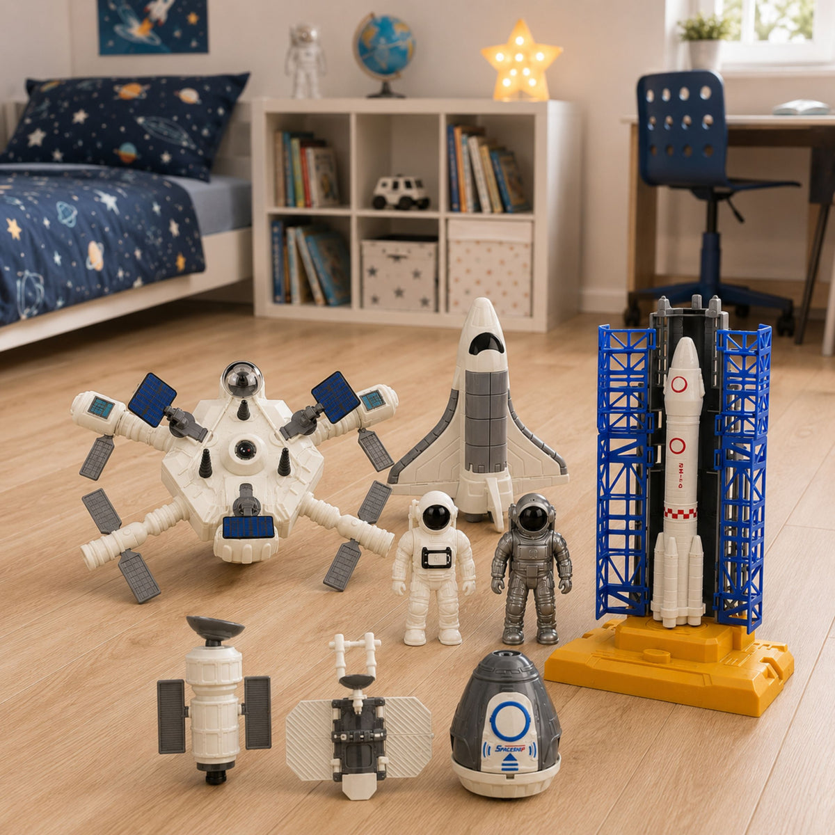 Raumstation-Raketen-Shuttle-Satelliten-Kosmonauten-Lichter