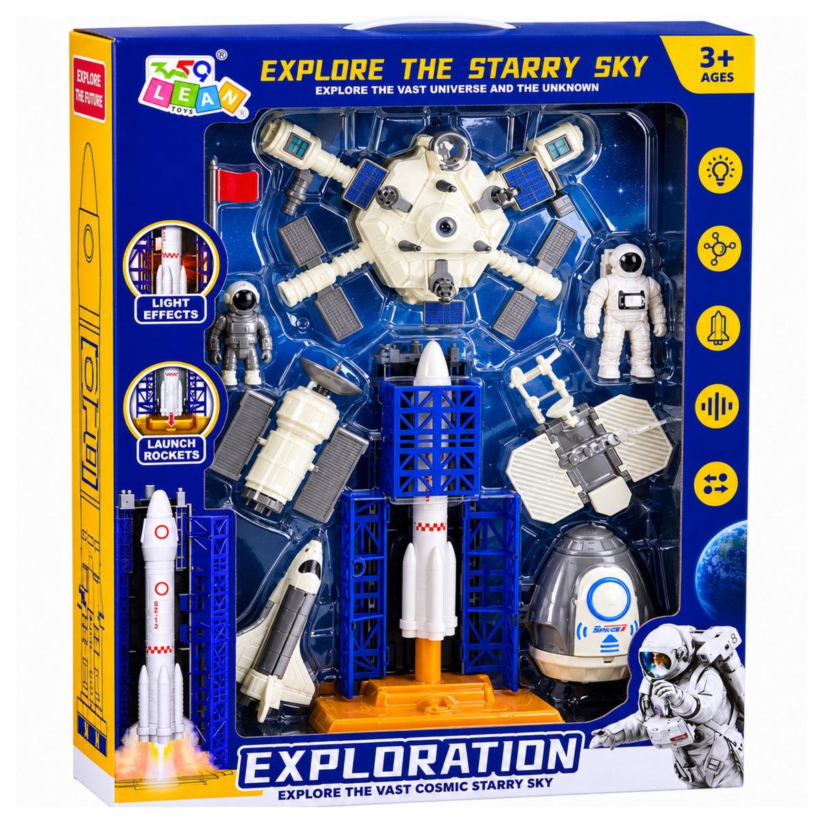 Raumstation-Raketen-Shuttle-Satelliten-Kosmonauten-Lichter