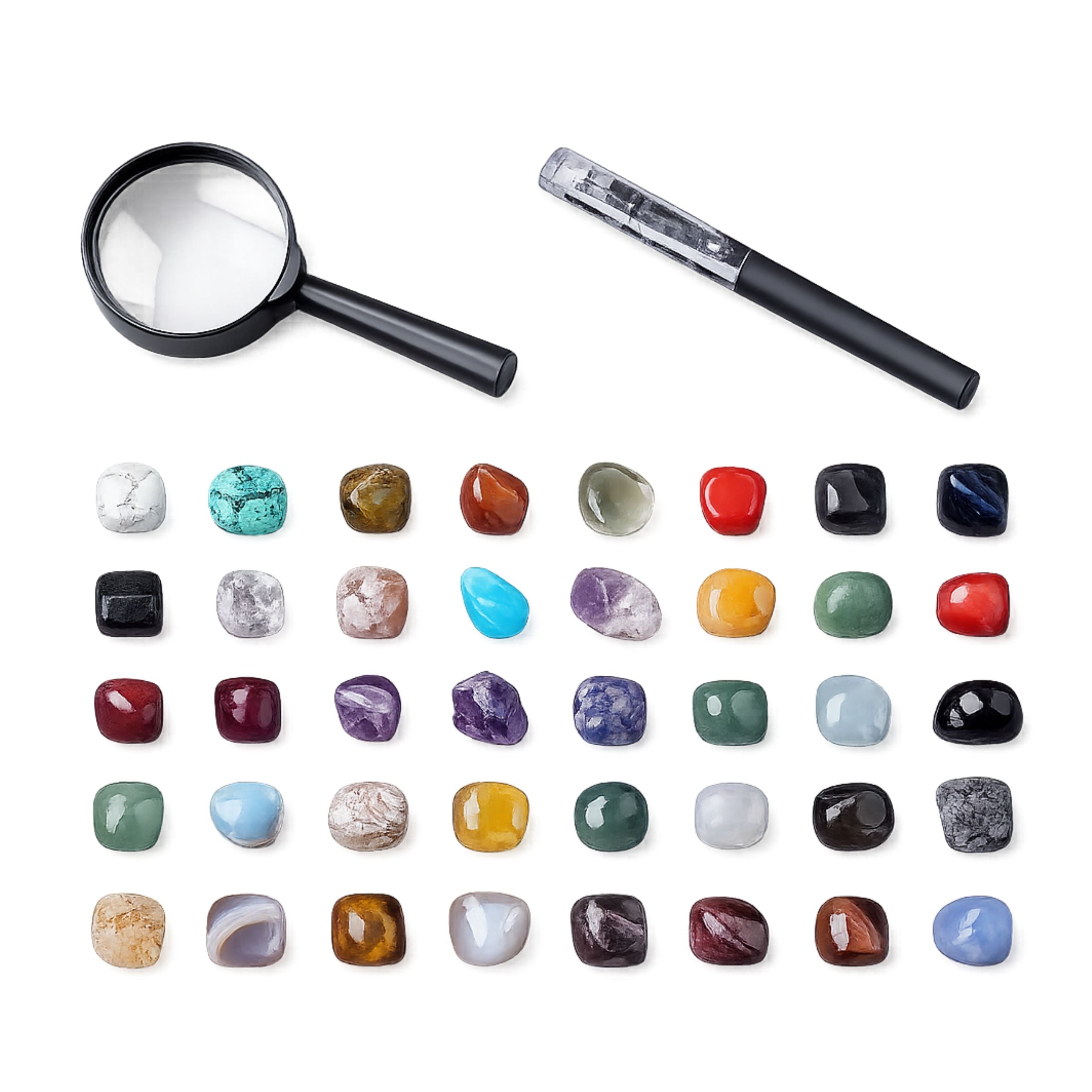 Set Of Mineral Stones Natural Crystals Collection Magnifying Glass Pen 43 Pcs.