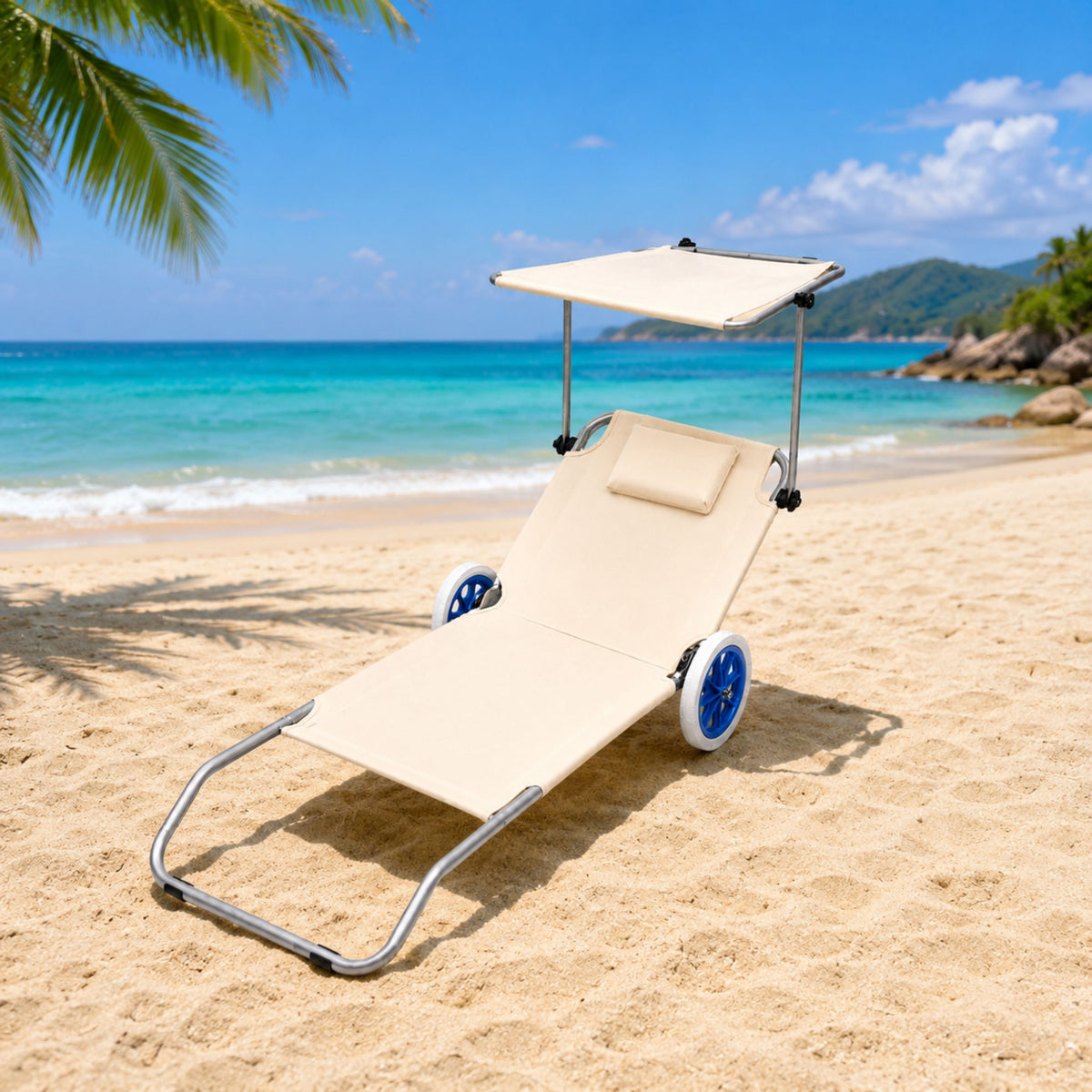 Sdraio da spiaggia su ruote da giardino con tettuccio in metallo color crema