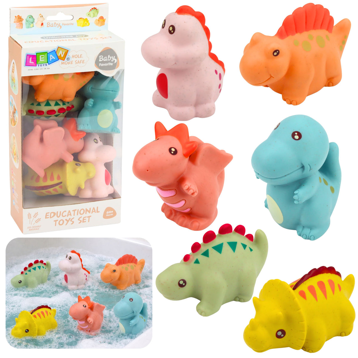 Set Of Educational Rubber Dinosaurs For Bathing Pastel Games 6 Pcs.
