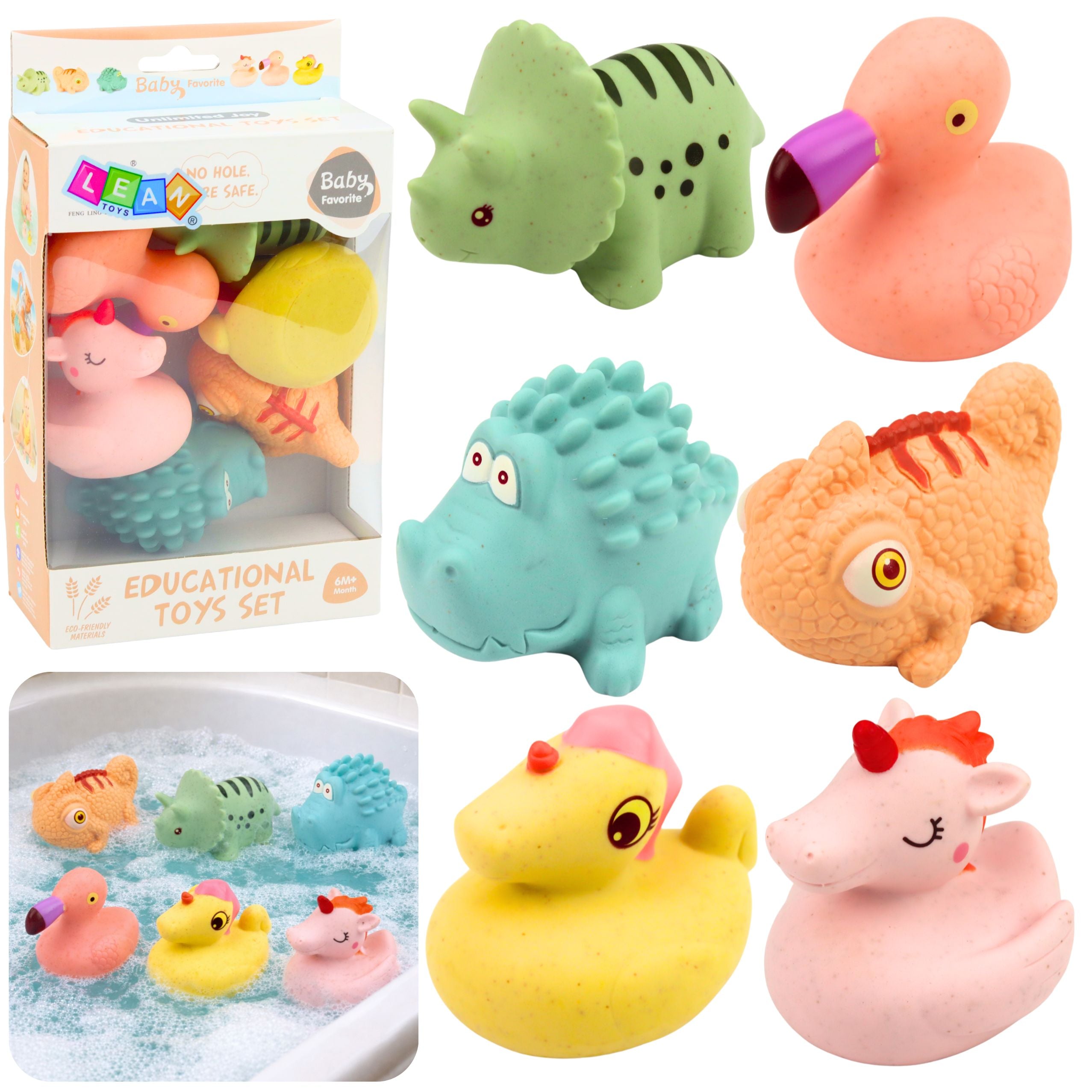 Set Of Educational Rubber Animals For Bathing Pastel Games 6 Pcs.