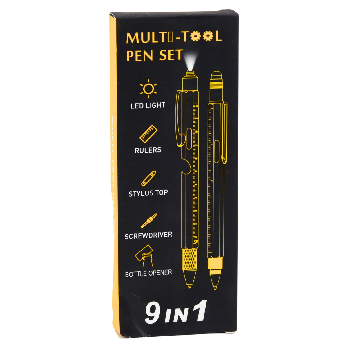 Stylos multifonctions 9 en 1, niveau à bulle, lampe de poche, tournevis, jaune, noir, 2 pièces