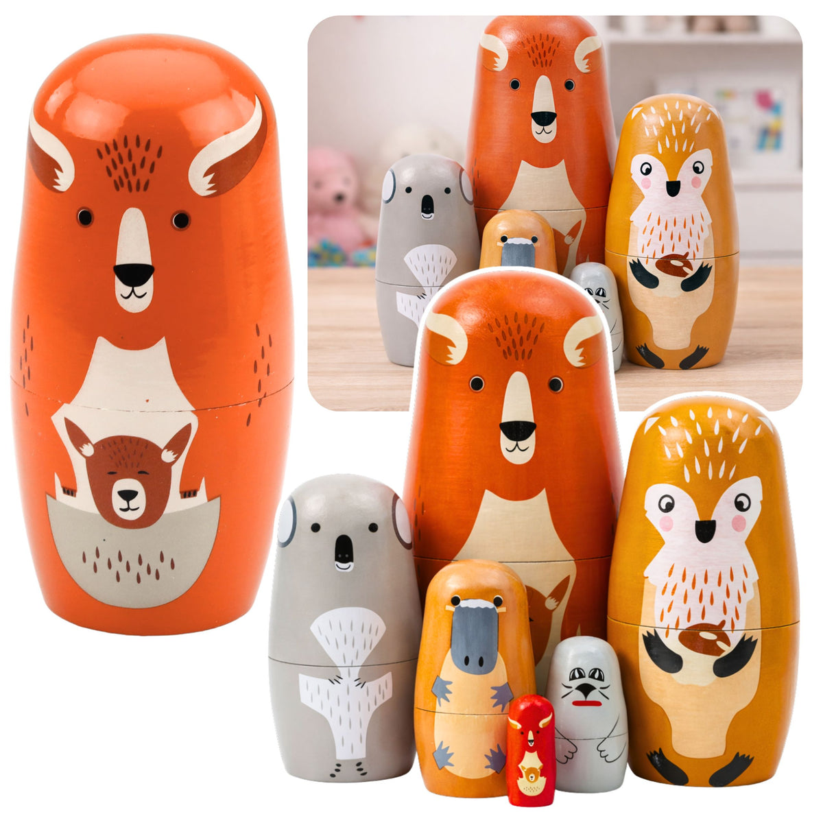 Set Of Wooden Matryoshka Dolls Puzzle Forest Animals 6 Pcs.