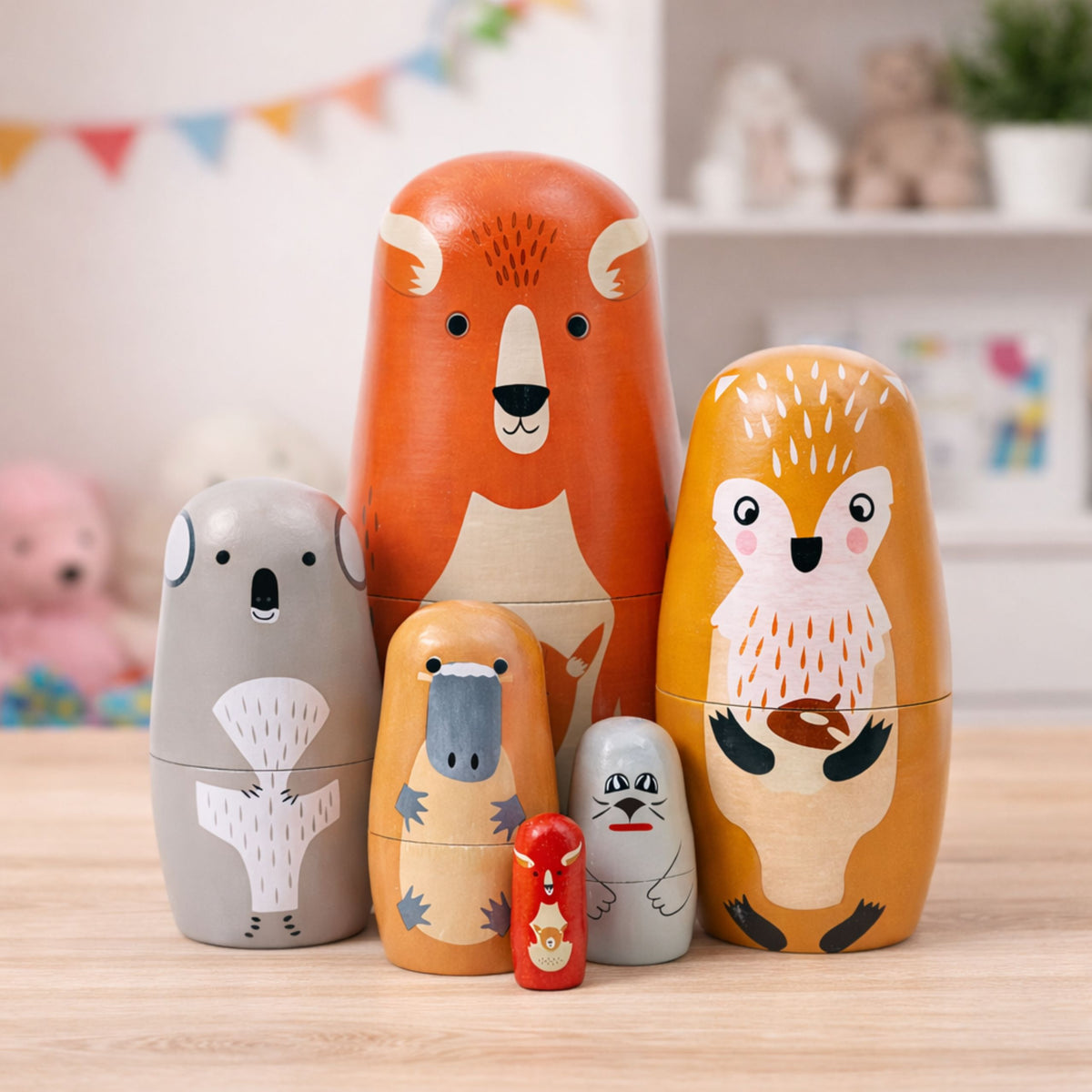 Set Of Wooden Matryoshka Dolls Puzzle Forest Animals 6 Pcs.