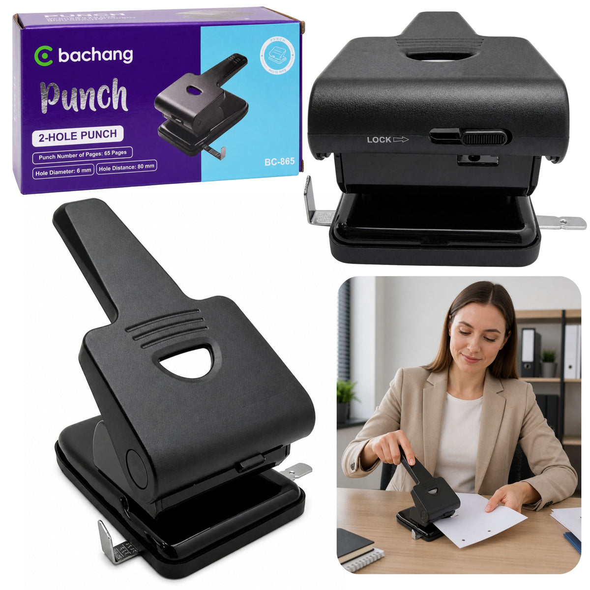 Perforatrice manuale doppia in metallo da ufficio, 65 fogli, nera