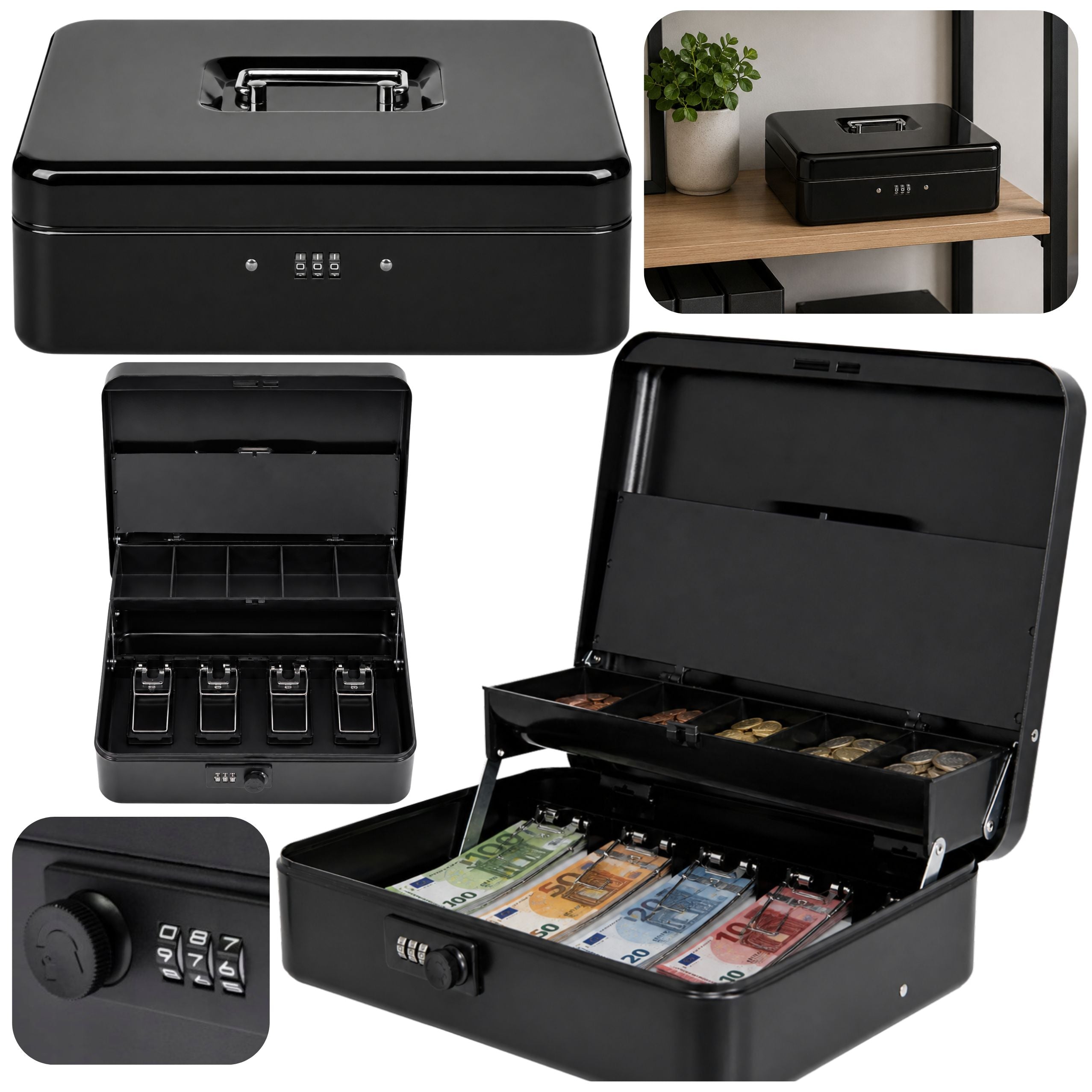 Metal Code Box For Money Banknotes Documents Black 30x24 Cm