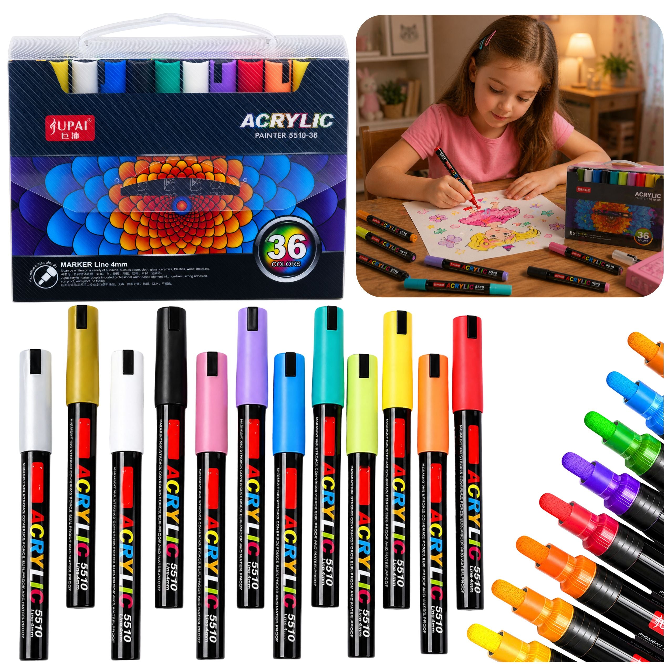 Set Of Acrylic Markers Felt-tip Pens Waterproof Markers Case 36 Pcs.
