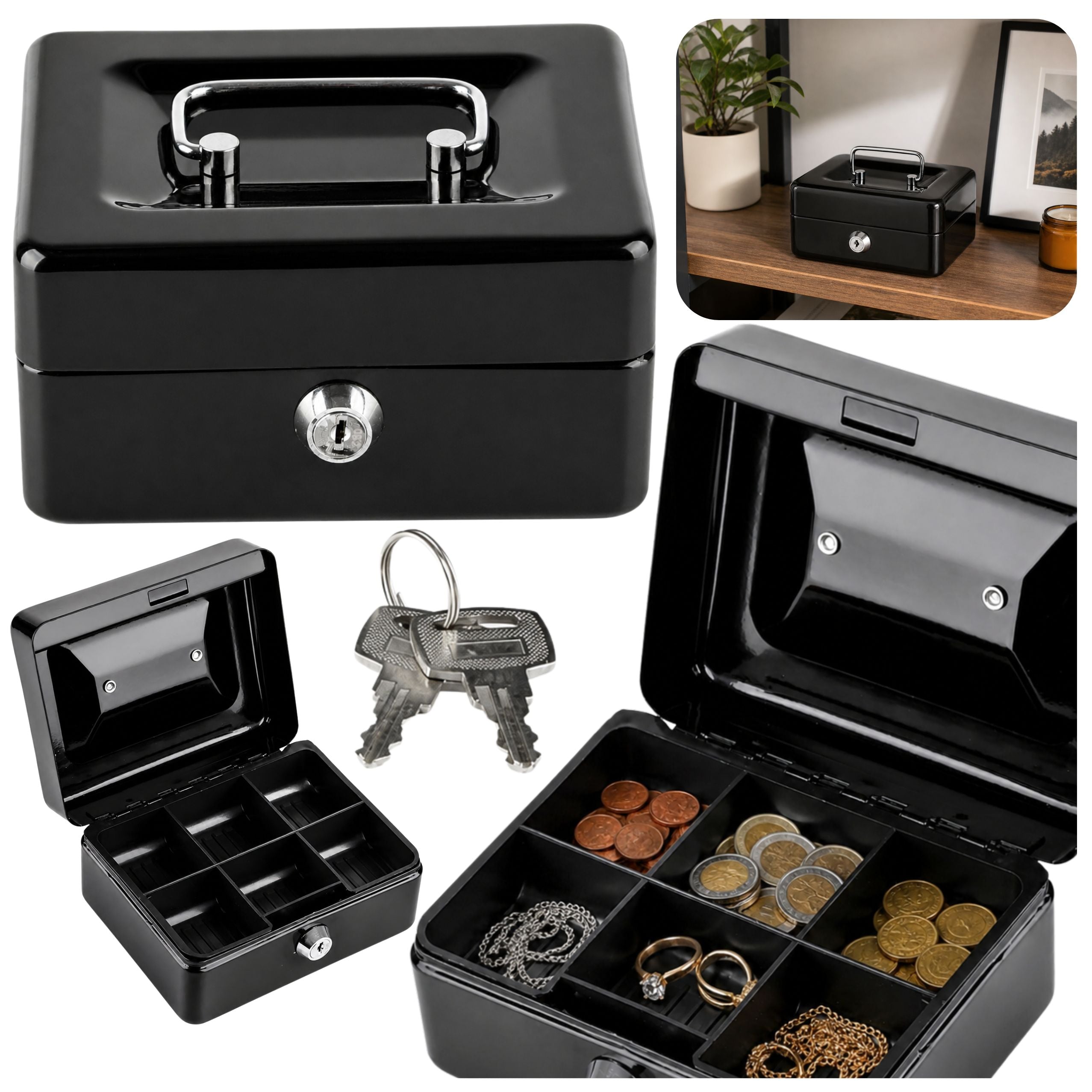 Small Metal Money Box Safe With Key Locker Black 13x10 Cm