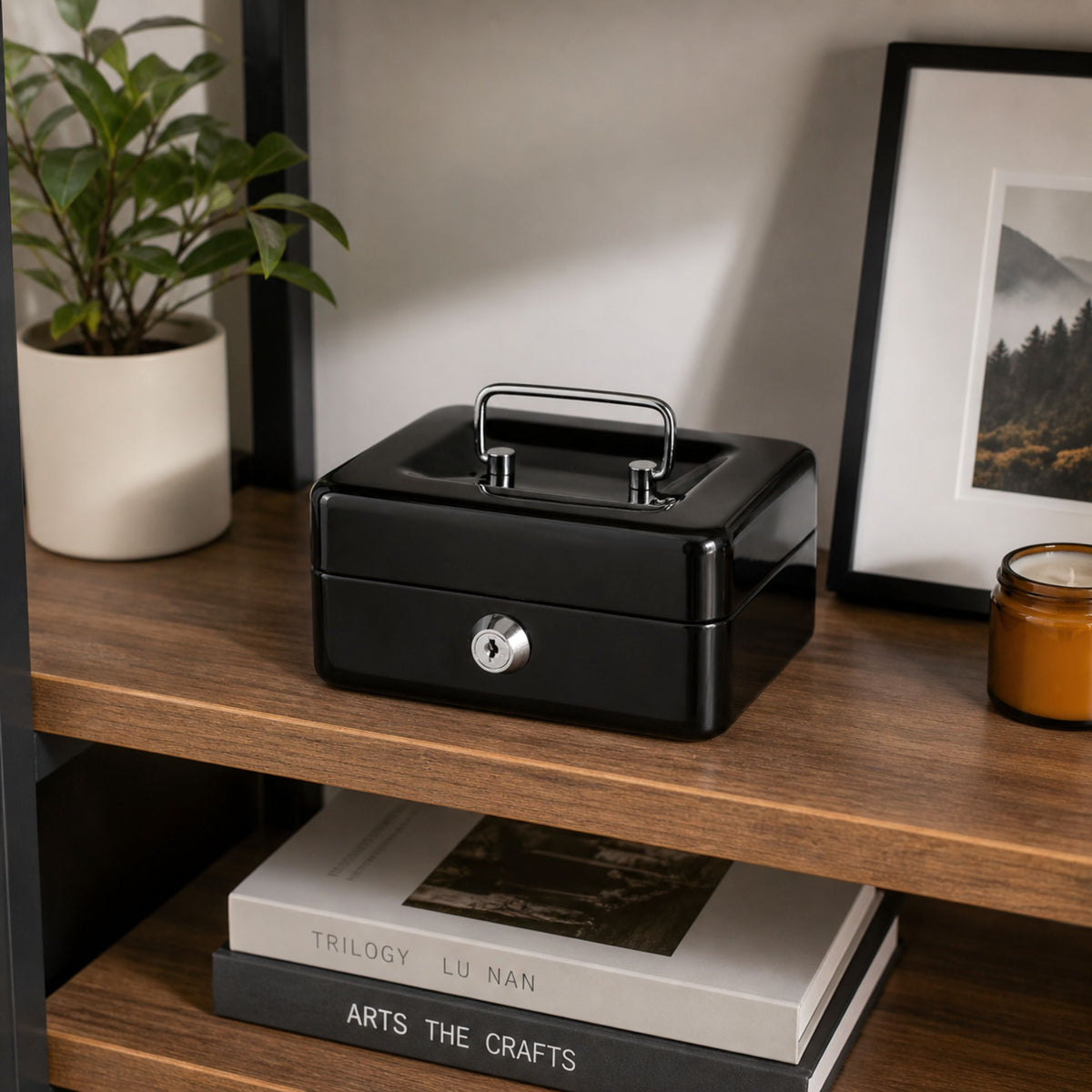 Small Metal Money Box Safe With Key Locker Black 13x10 Cm