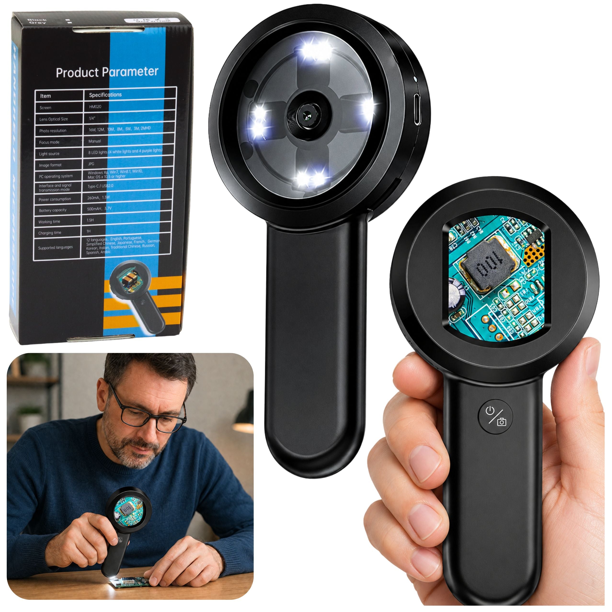Portable Handheld Digital Microscope Hd 100x Camera Ips Screen 8 Leds