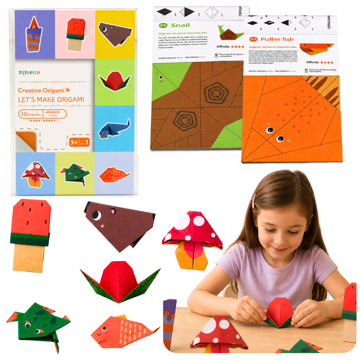 Caiet Origami Colorat Pentru Copii Animale Nivele de dificultate 30 Foi
