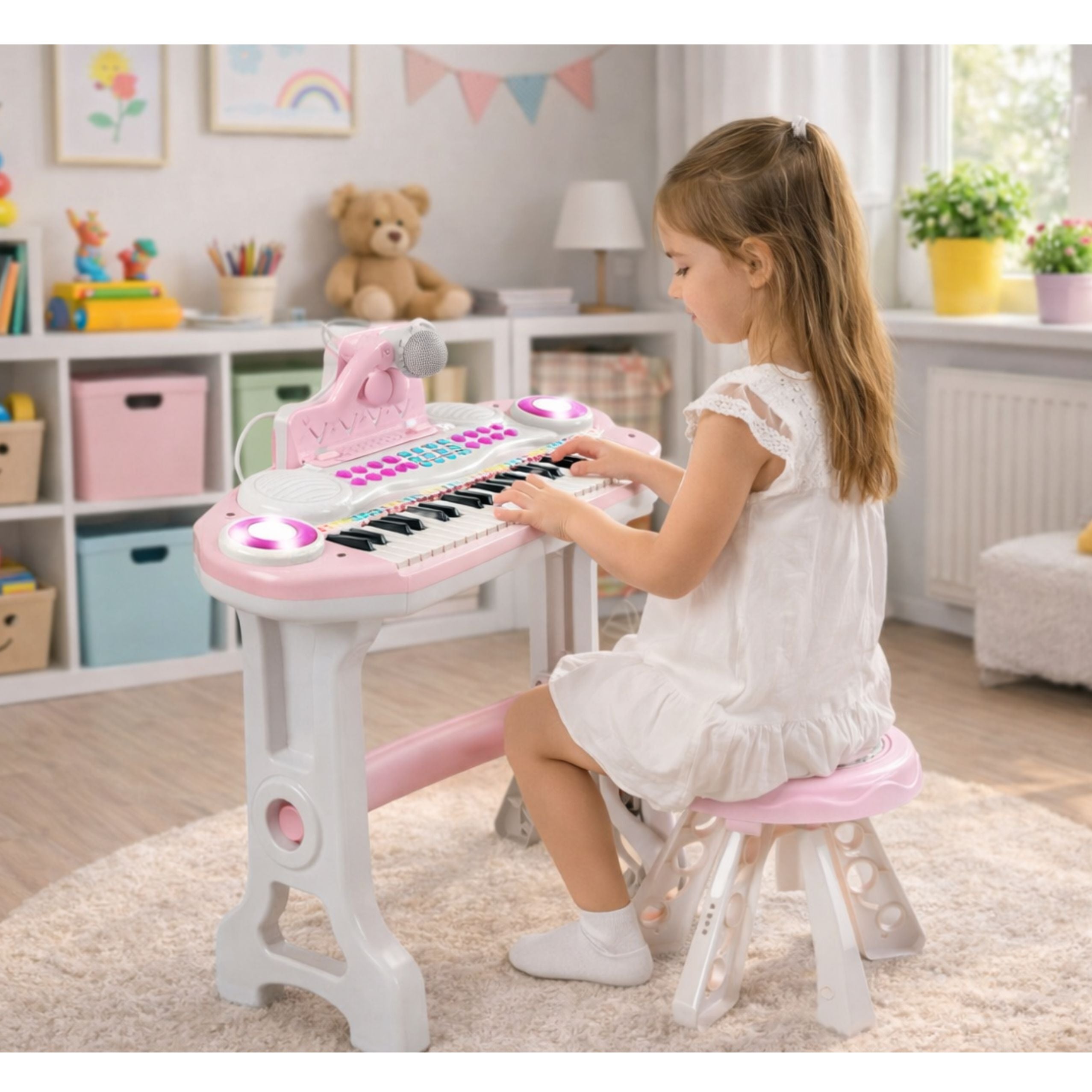 Electronic Piano Organ For Children Stool Microphone Mp3 Pink