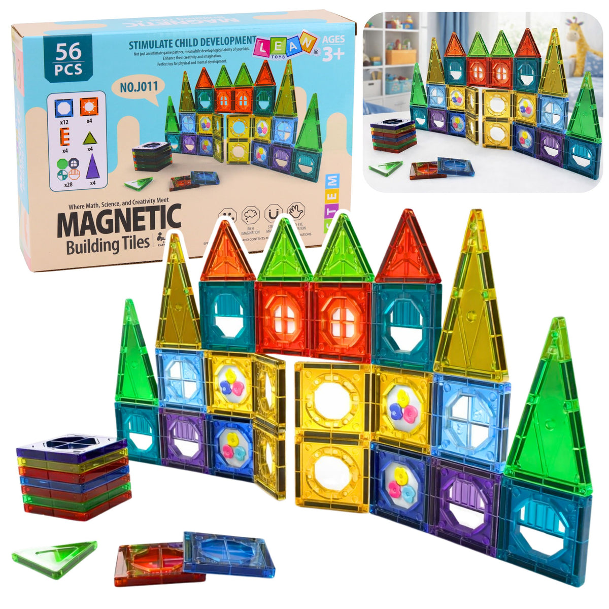 Set Of Magnetic Construction Blocks 3d Windows Colored Panels 56 Pcs.