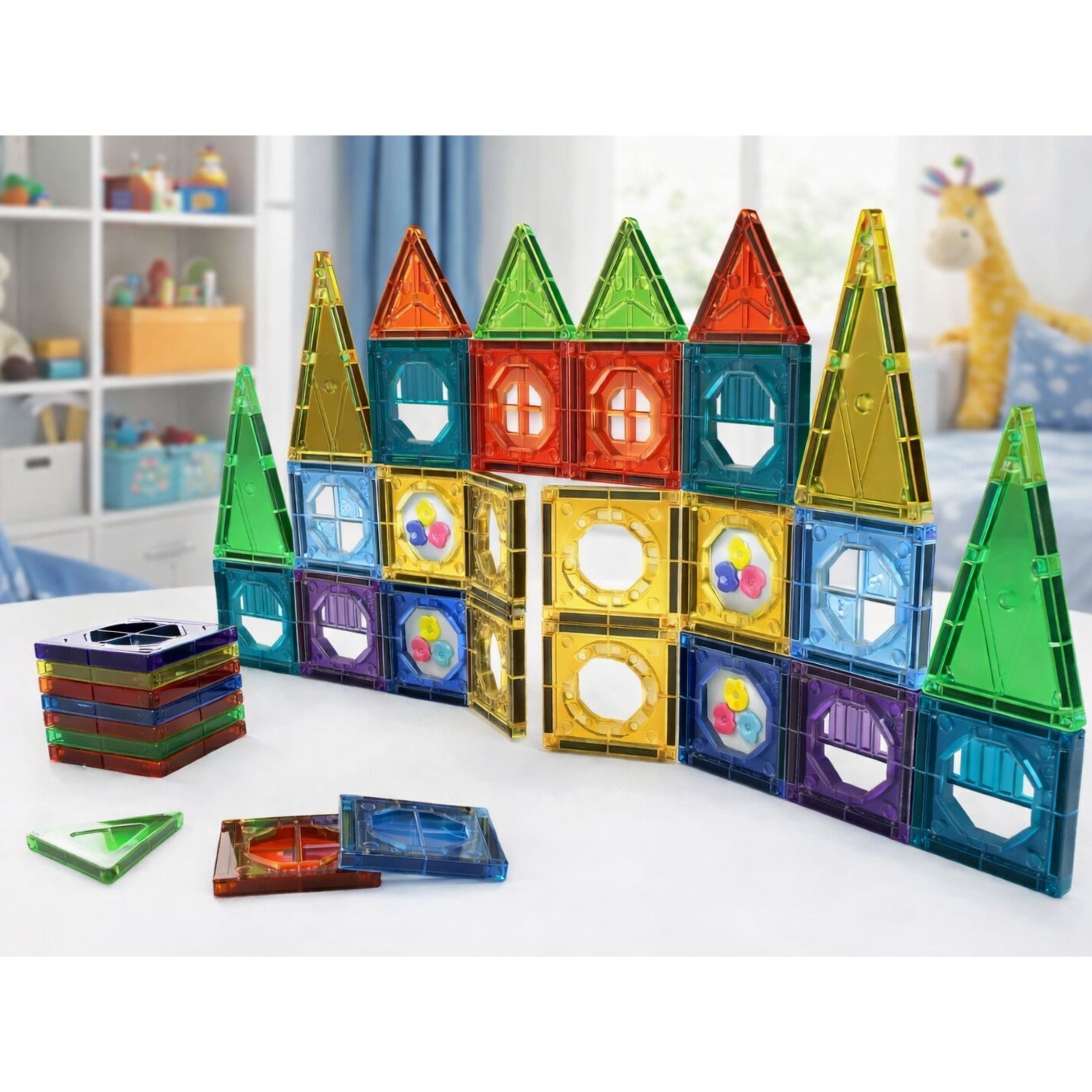 Set Of Magnetic Construction Blocks 3d Windows Colored Panels 56 Pcs.