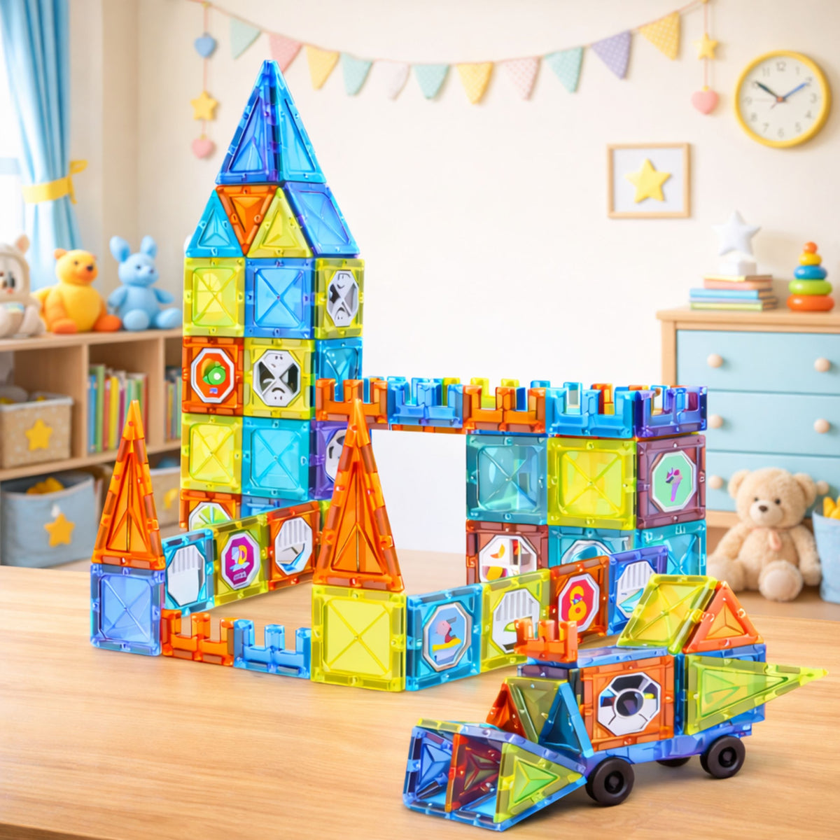 Magnetic Educational Blocks Windows With 3d Vehicle Stickers 138 Pcs.