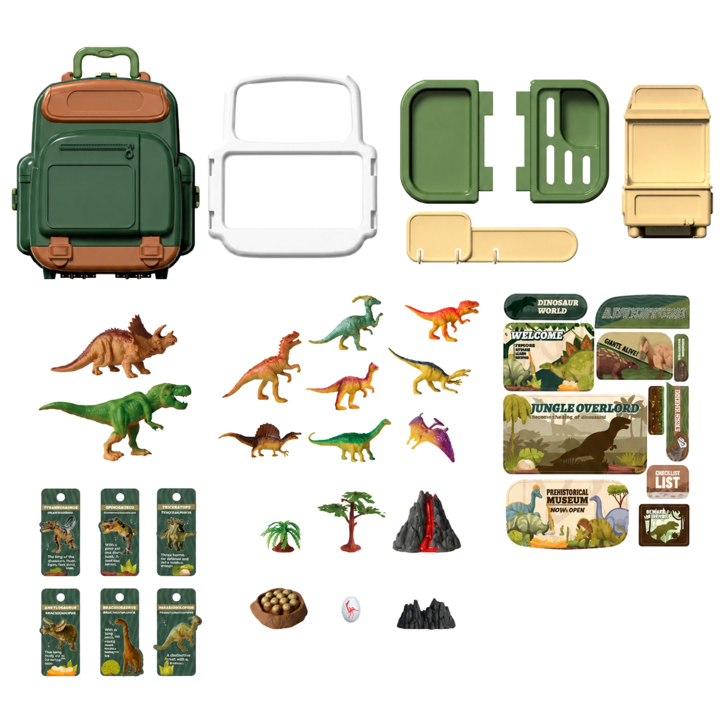 Set Of Dinosaurs In A Backpack Suitcase Figures Educational Cards Accessories 30 Pcs.