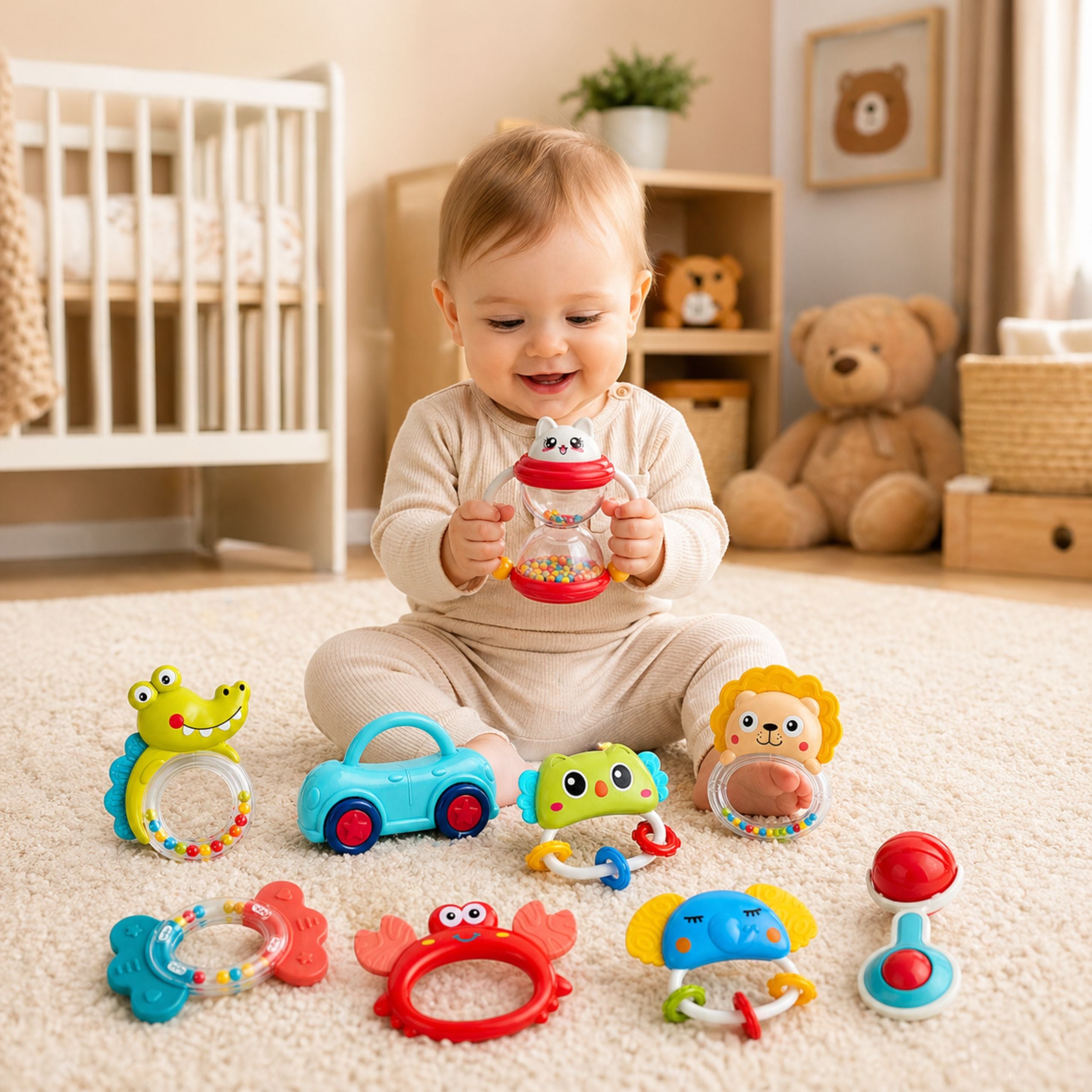 Set Of Rattles Teethers Toys For Toddlers Colorful Moving 9 Pcs.
