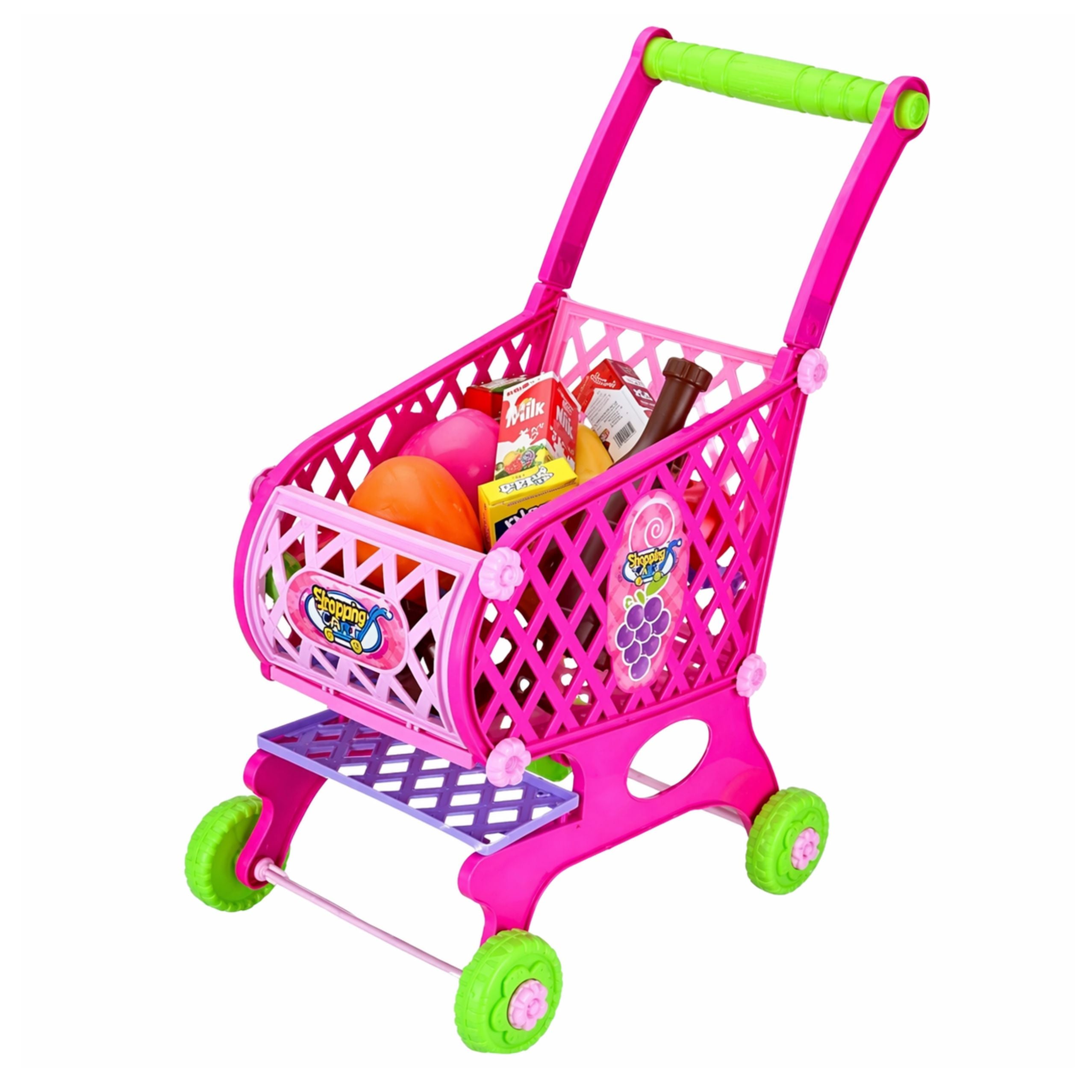 Large Shopping Cart For Children Grocery Products Pink 52cm 46 Pcs.