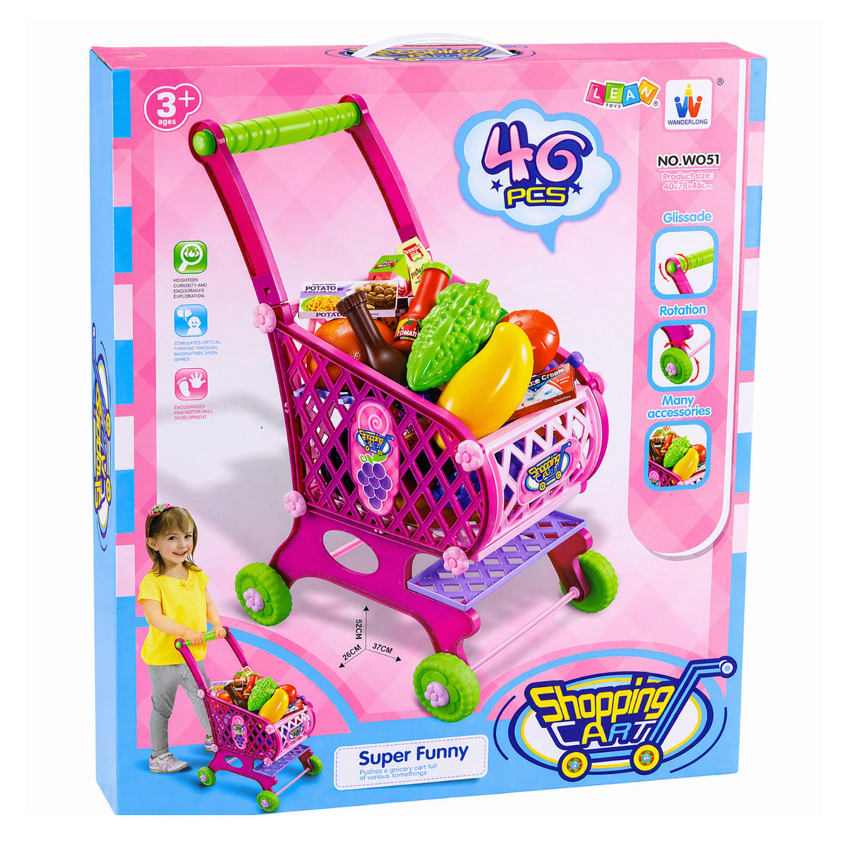 Large Shopping Cart For Children Grocery Products Pink 52cm 46 Pcs.