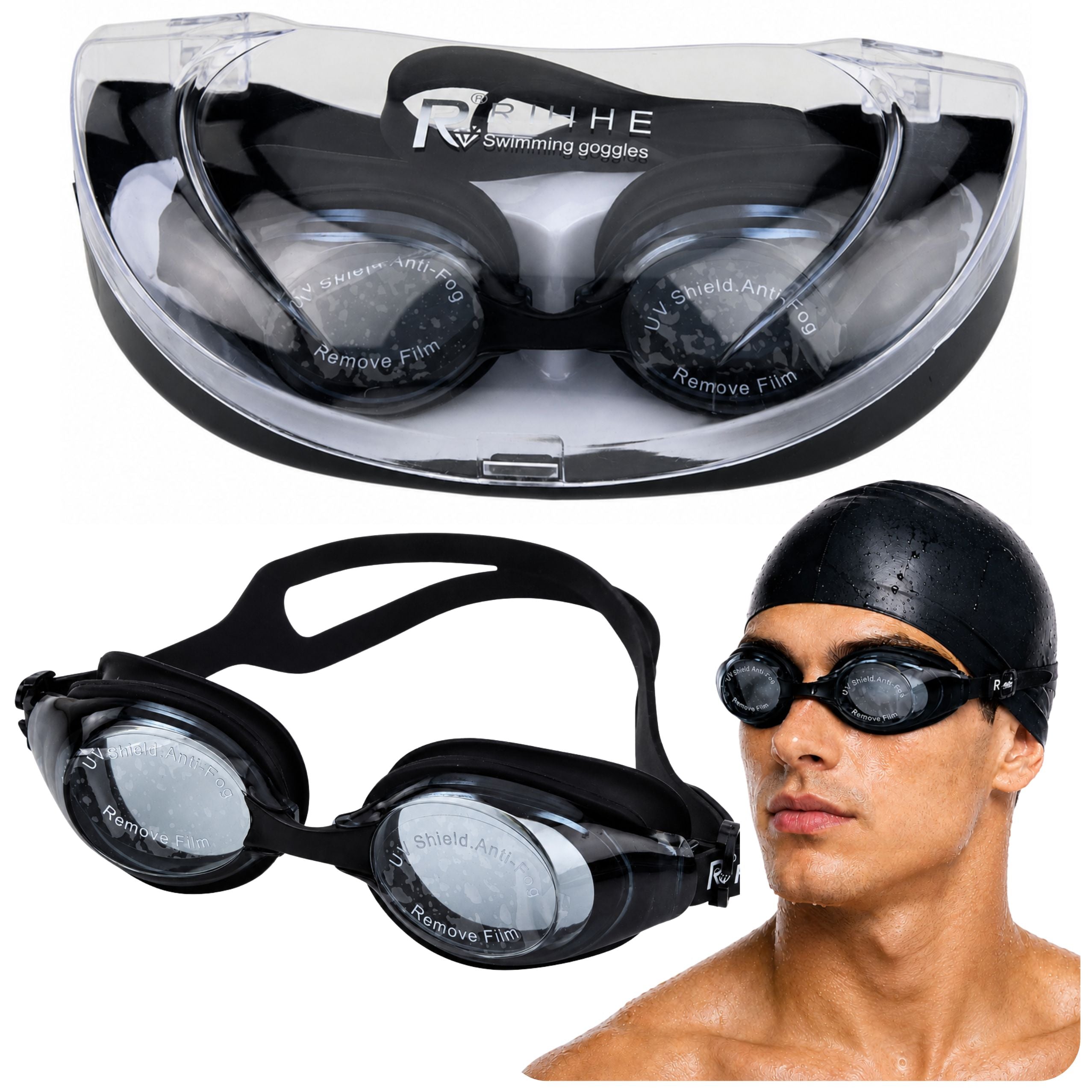 Gafas de natación ajustables con revestimiento antivaho y protección Uf, funda negra