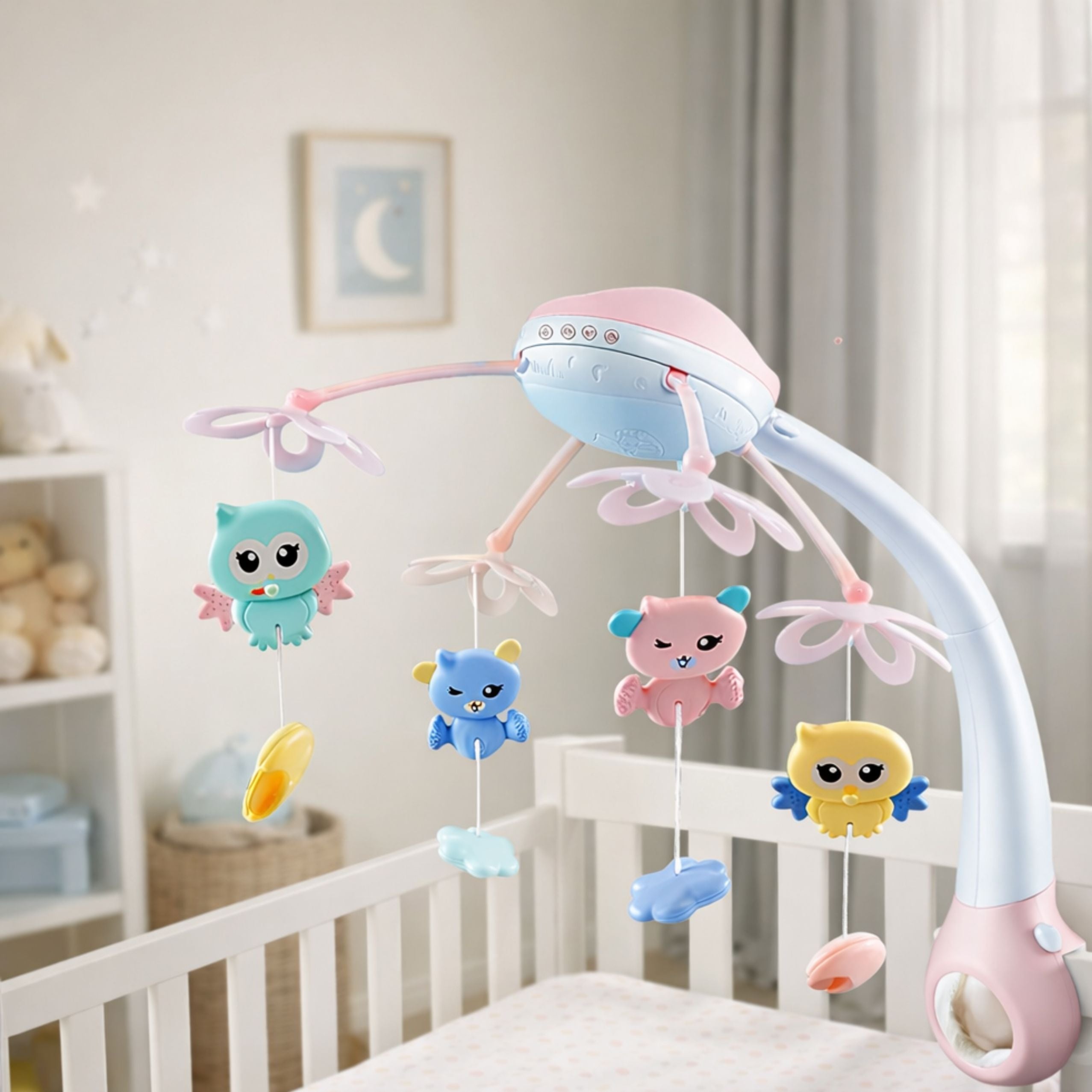 Crib Carousel Projector 2 In 1 Melodies Animal Sounds Remote Control Pink