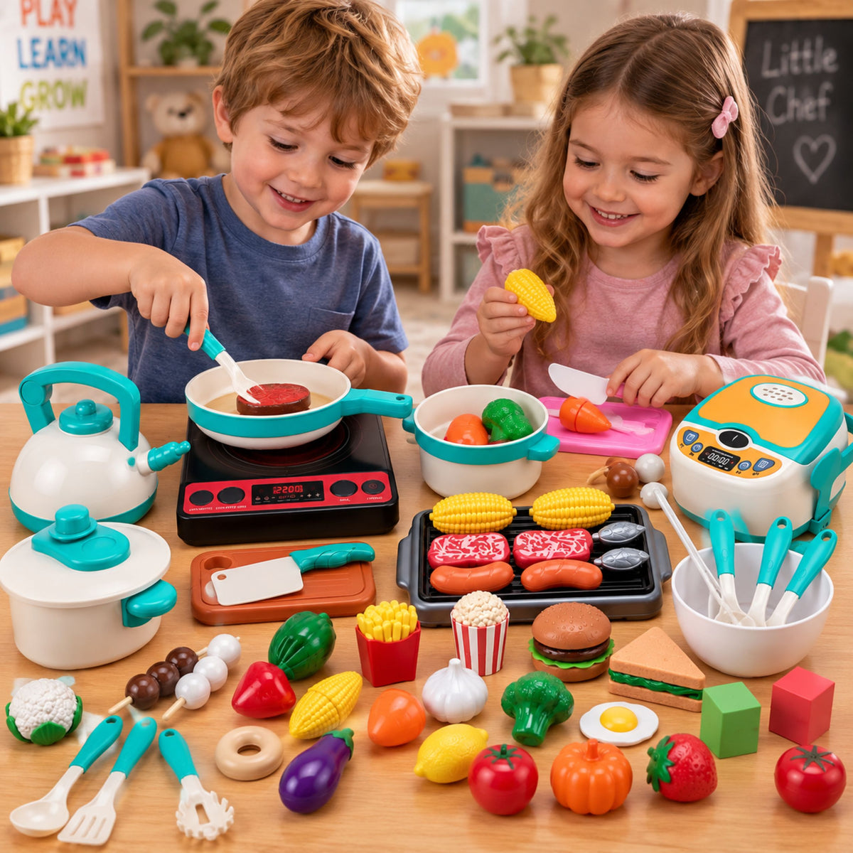 Set Cucina Per Bambini Pentole Fornello Prodotti Alimentari Suoni 90 Pz.