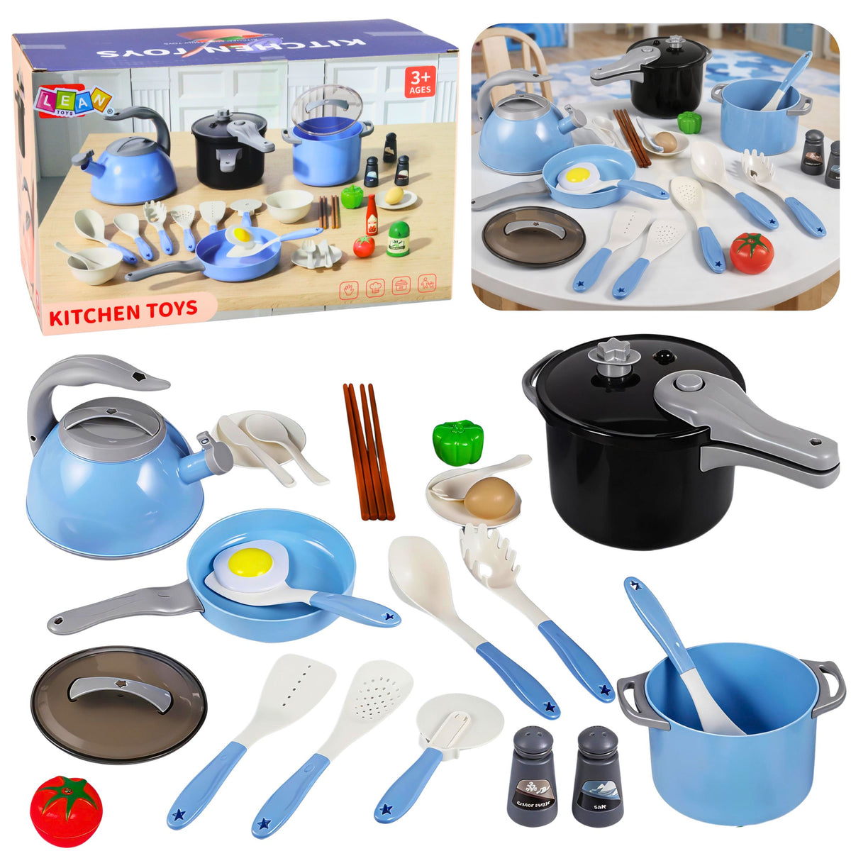 Ensemble d'ustensiles de cuisine, casseroles, poêle, bouilloire, accessoires bleu, 32 pièces.