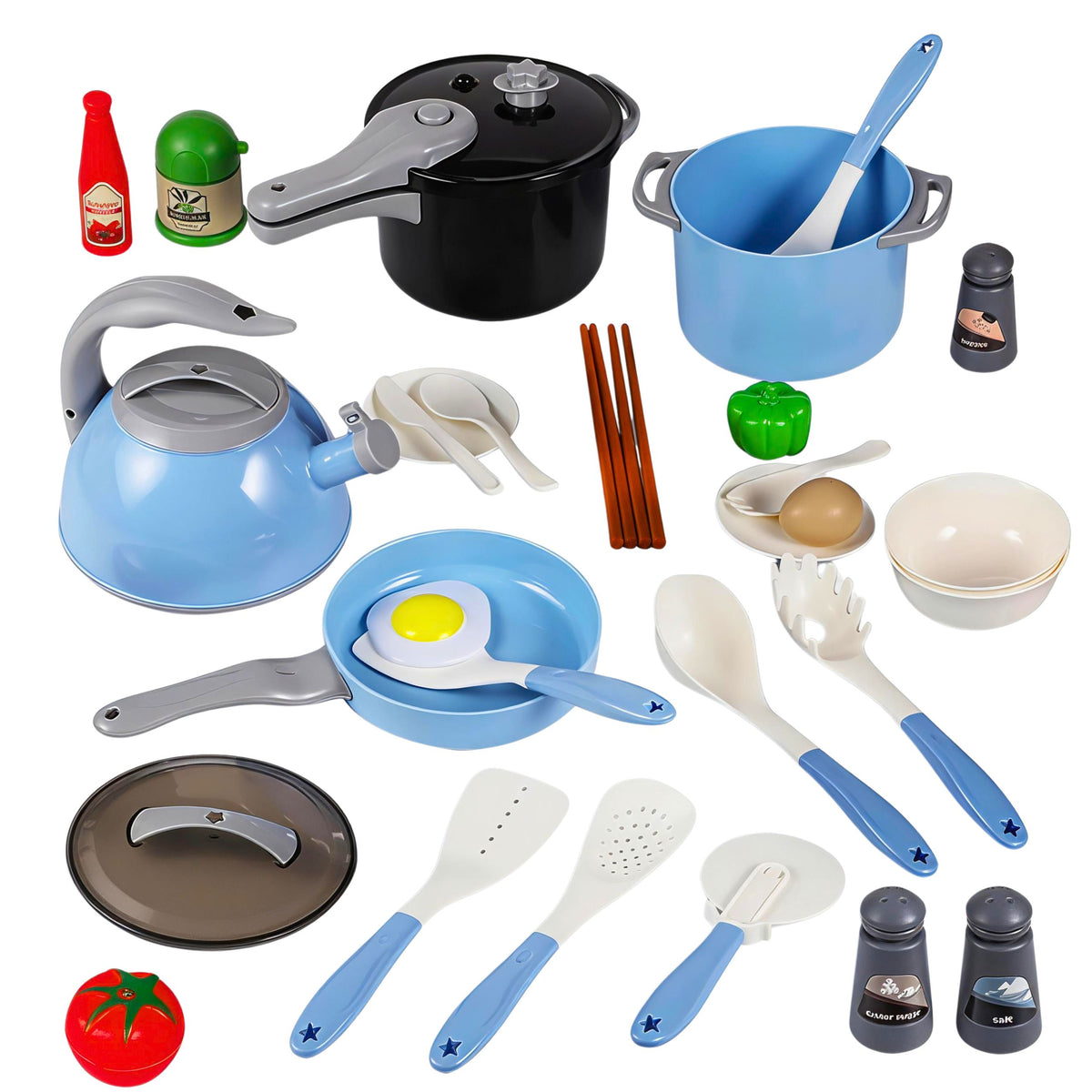 Ensemble d'ustensiles de cuisine, casseroles, poêle, bouilloire, accessoires bleu, 32 pièces.